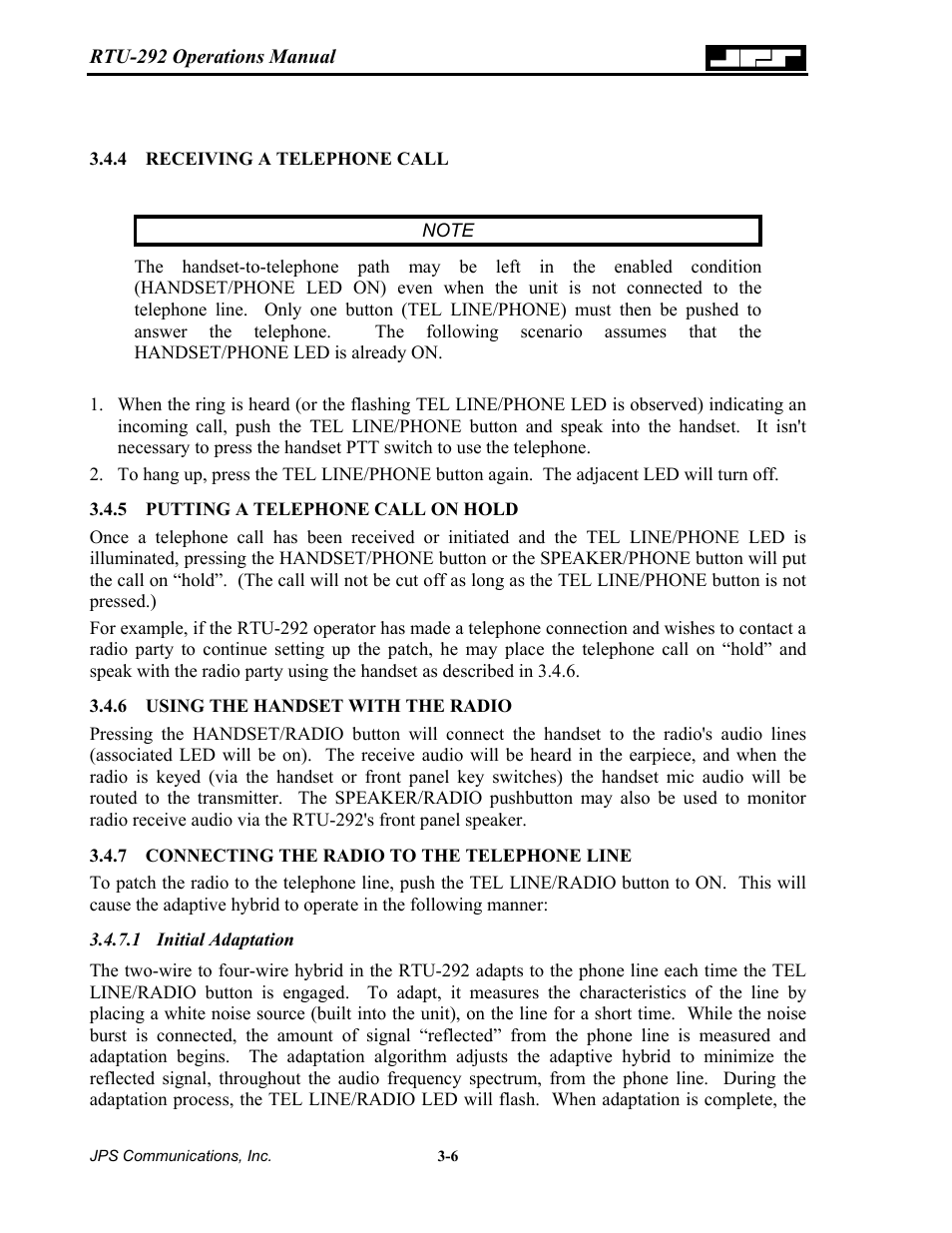 Receiving a telephone call, Putting a telephone call on hold, Using the handset with the radio | Connecting the radio to the telephone line, Initial adaptation, Receiving a telephone call -6, Putting a telephone call on hold -6, Using the handset with the radio -6, Connecting the radio to the telephone line -6 | Nortel Networks RTU-292 User Manual | Page 46 / 116
