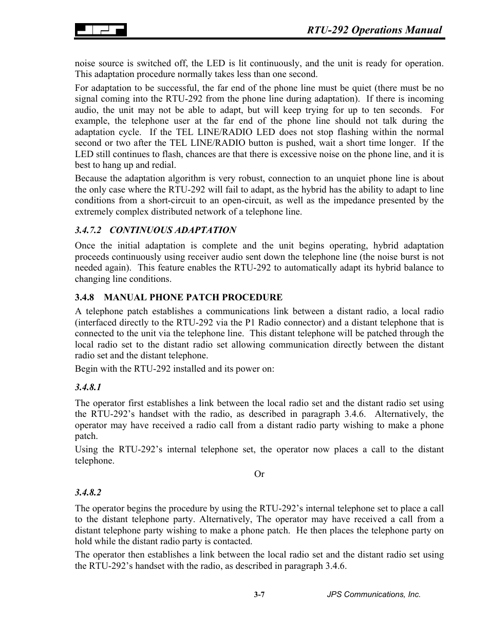 Continuous adaptation, Manual phone patch procedure, Manual phone patch procedure -7 | Nortel Networks RTU-292 User Manual | Page 47 / 116