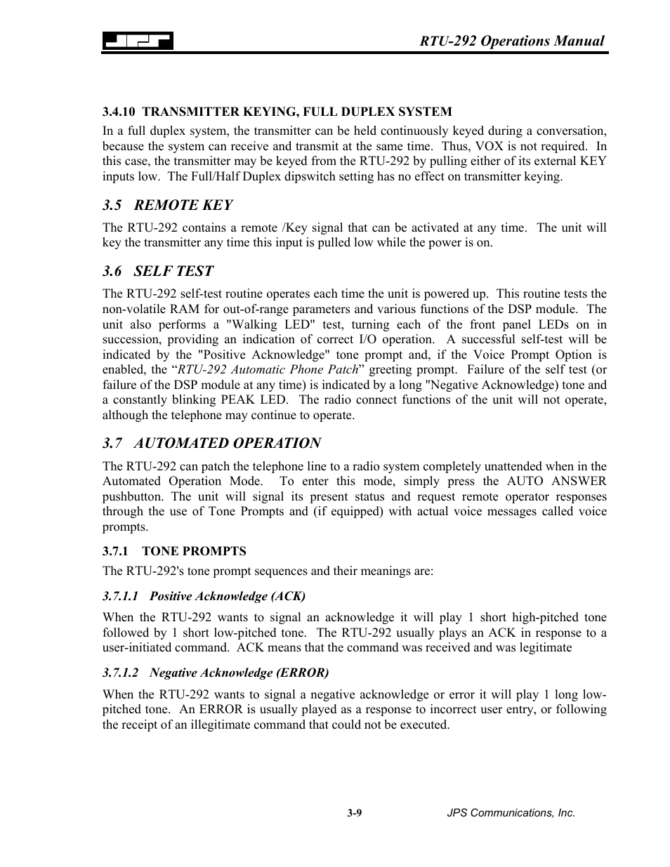 Transmitter keying, full duplex system, Remote key, Self test | Automated operation, Tone prompts, Positive acknowledge (ack), Negative acknowledge (error), Transmitter keying, full duplex system -9, 5 remote, Key -9 | Nortel Networks RTU-292 User Manual | Page 49 / 116
