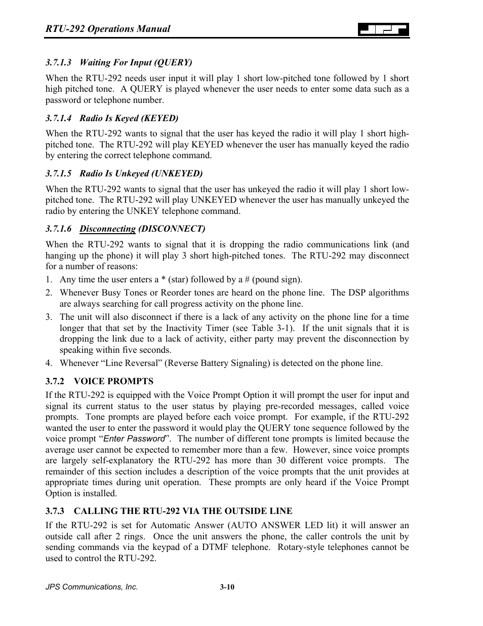 Waiting for input (query), Radio is keyed (keyed), Radio is unkeyed (unkeyed) | Disconnecting (disconnect), Voice prompts, Calling the rtu-292 via the outside line, 2 voice, Prompts -10, Calling the rtu-292 via the outside line -10 | Nortel Networks RTU-292 User Manual | Page 50 / 116