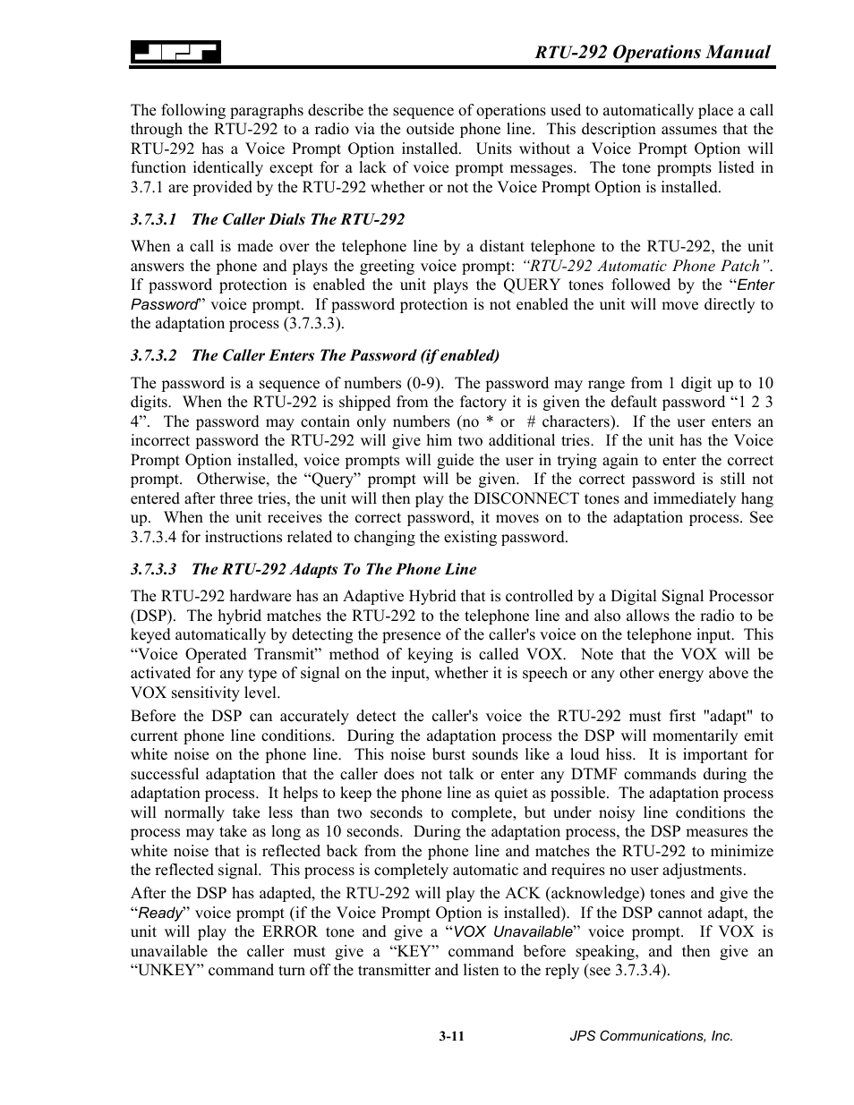 The caller dials the rtu-292, The caller enters the password (if enabled), The rtu-292 adapts to the phone line | Nortel Networks RTU-292 User Manual | Page 51 / 116