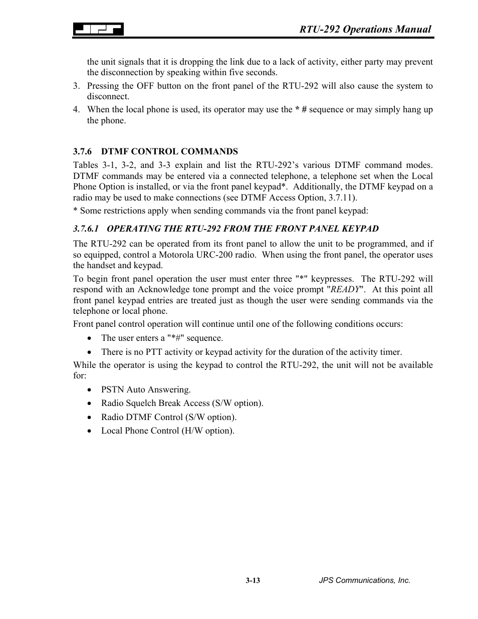 Dtmf control commands, Operating the rtu-292 from the front panel keypad, 6 dtmf | Control commands -13 | Nortel Networks RTU-292 User Manual | Page 53 / 116