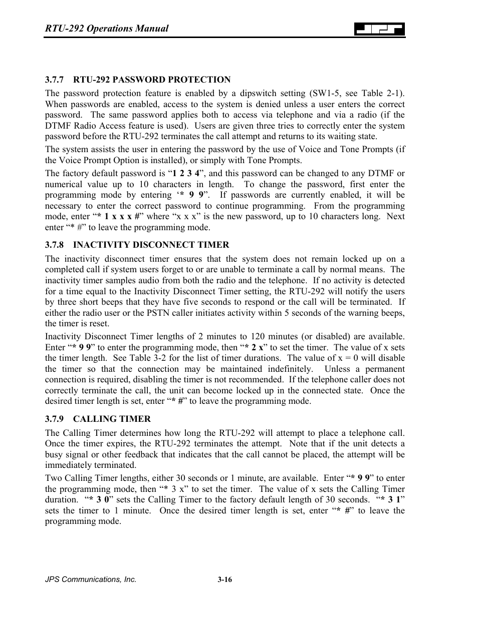 Rtu-292 password protection, Inactivity disconnect timer, Calling timer | 7 rtu-292, Password protection -16, 8 inactivity, Disconnect, Timer -16, 9 calling | Nortel Networks RTU-292 User Manual | Page 56 / 116