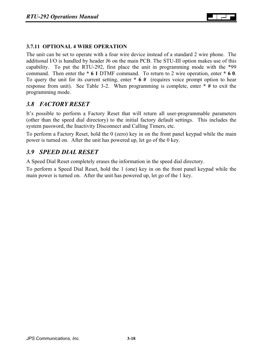 Optional 4 wire operation, Factory reset, Speed dial reset | Optional 4 wire operation -18, 8 factory, Reset -18, Speed dial reset -18 | Nortel Networks RTU-292 User Manual | Page 58 / 116