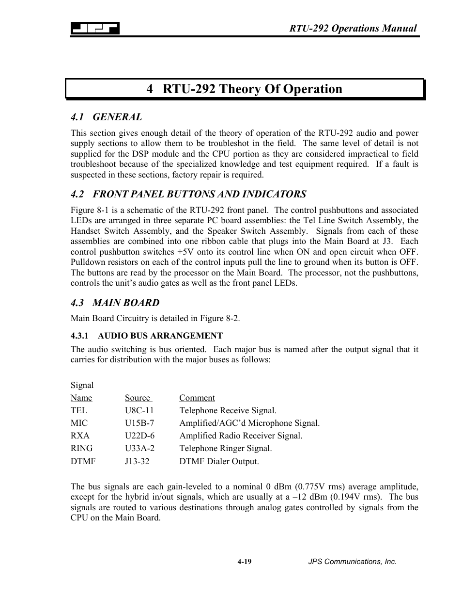 Rtu-292 theory of operation, General, Front panel buttons and indicators | Main board, Audio bus arrangement, 4 rtu-292, Theory, Of operation -19, 1 general -19, Front panel buttons and indicators -19 | Nortel Networks RTU-292 User Manual | Page 59 / 116