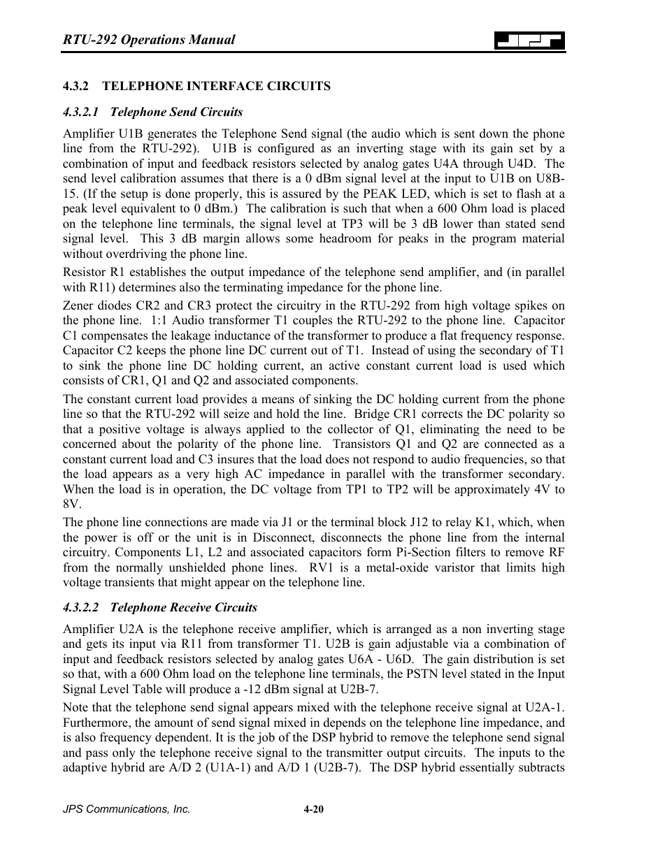 Telephone interface circuits, Telephone send circuits, Telephone receive circuits | 2 telephone, Interface circuits -20 | Nortel Networks RTU-292 User Manual | Page 60 / 116