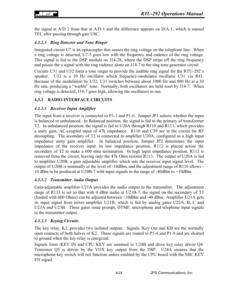 Ring detector and tone ringer, Radio interface circuits, Receiver input amplifier | Transmitter audio output, Keying circuits, Radio interface circuits -21 | Nortel Networks RTU-292 User Manual | Page 61 / 116