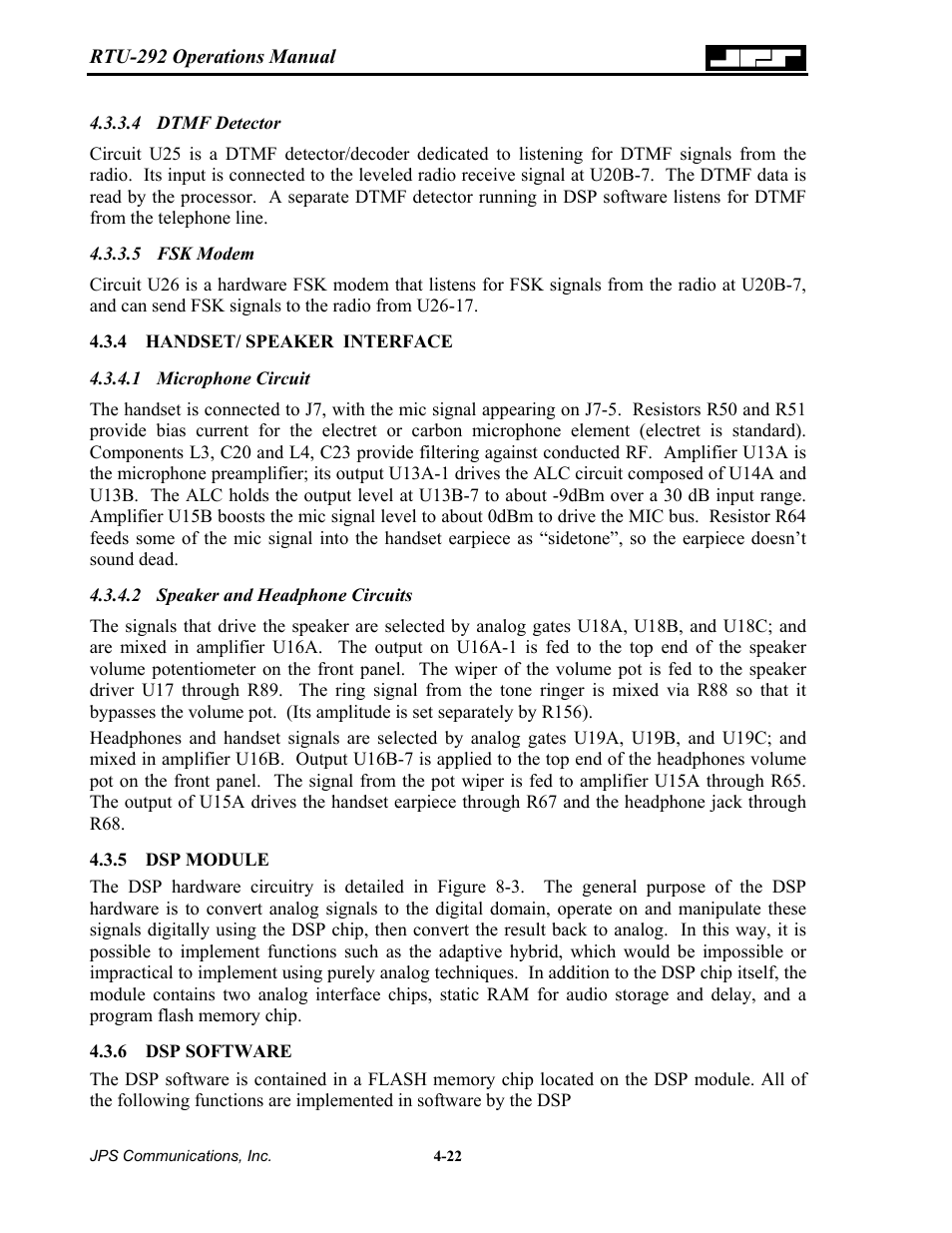 Dtmf detector, Fsk modem, Handset/ speaker interface | Microphone circuit, Speaker and headphone circuits, Dsp module, Dsp software, 4 handset, Speaker interface -22, 5 dsp | Nortel Networks RTU-292 User Manual | Page 62 / 116