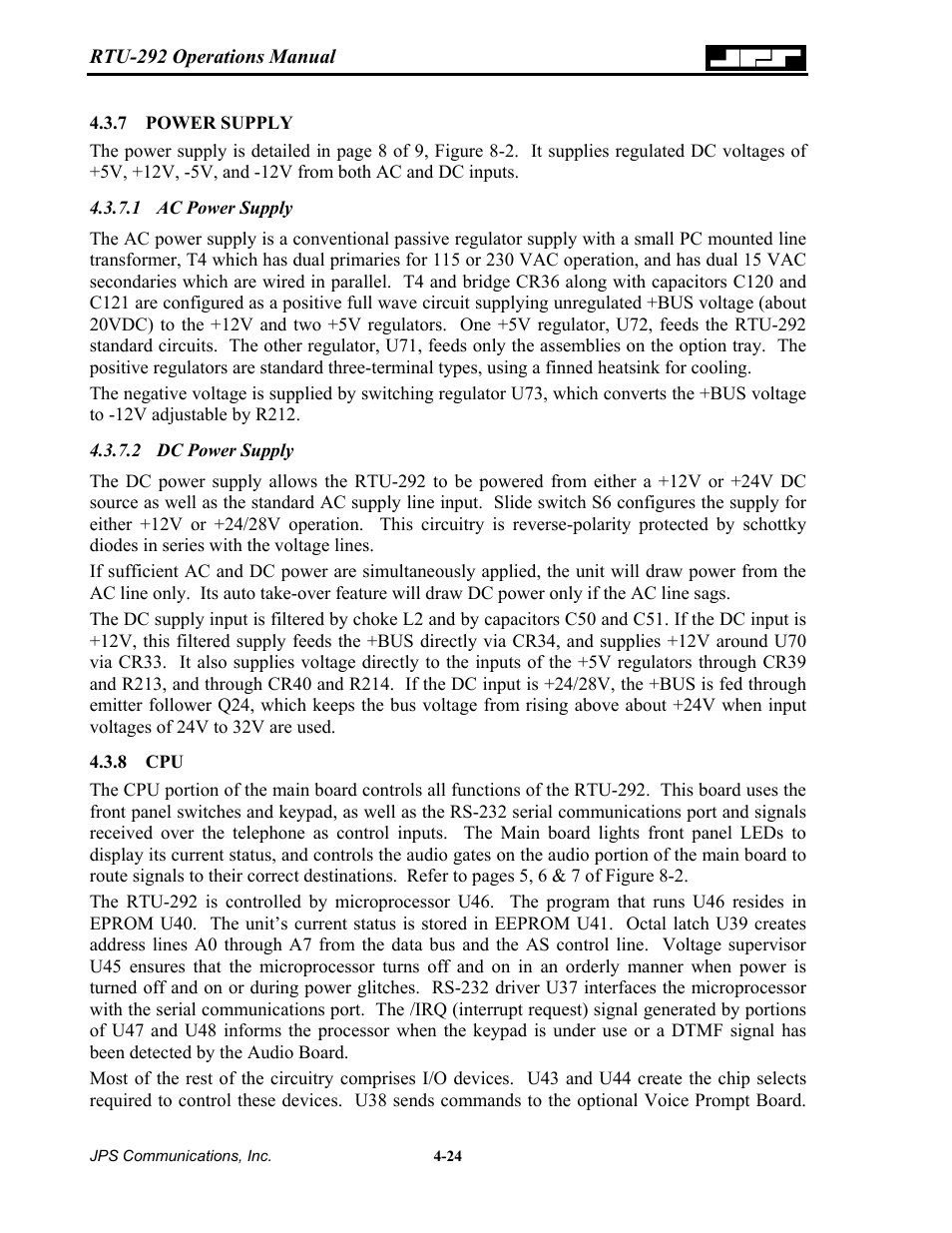 Power supply, Ac power supply, Dc power supply | 7 power, Supply -24, 8 cpu -24 | Nortel Networks RTU-292 User Manual | Page 64 / 116