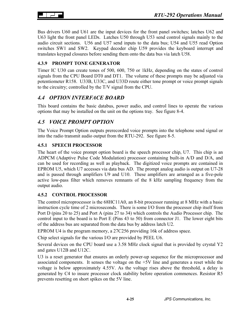 Prompt tone generator, Option interface board, Voice prompt option | Speech processor, Control processor, Prompt tone generator -25, 4 option, Interface board -25, Voice prompt option -25, 1 speech | Nortel Networks RTU-292 User Manual | Page 65 / 116