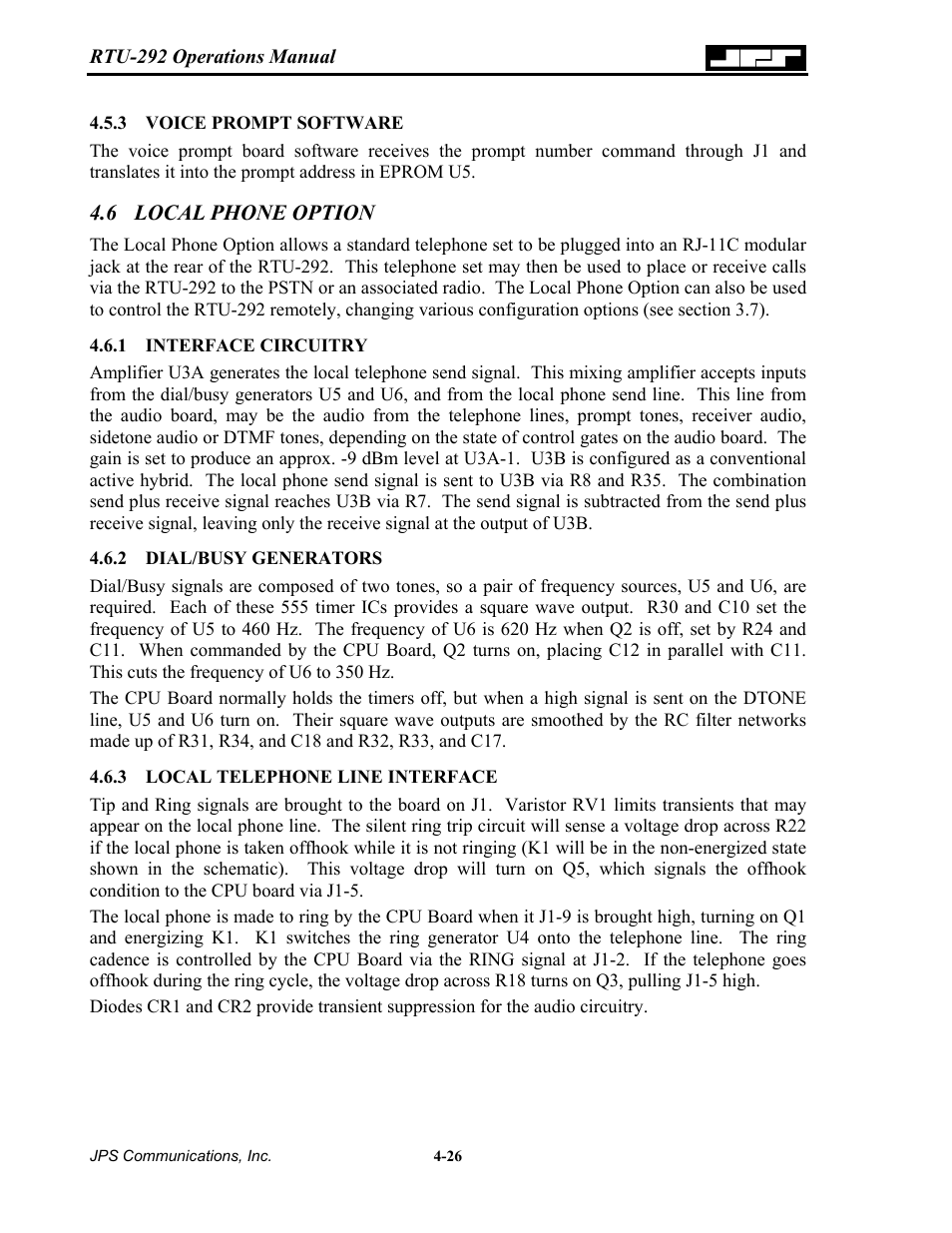 Voice prompt software, Local phone option, Interface circuitry | Dial/busy generators, Local telephone line interface, Voice prompt software -26, 6 local, Phone option -26, 1 interface circuitry -26 4.6.2 dial/busy, Generators -26 | Nortel Networks RTU-292 User Manual | Page 66 / 116