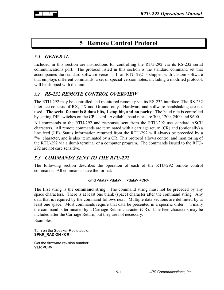 Remote control protocol, General, Rs-232 remote control overview | Commands sent to the rtu-292, 5 remote, Control protocol -1, 1 general -1 5.2, Rs-232 remote control overview -1, 3 commands, Sent | Nortel Networks RTU-292 User Manual | Page 67 / 116