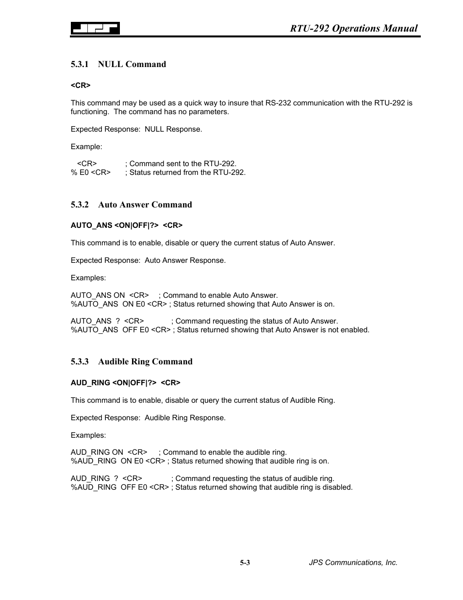 Null command, Auto answer command, Audible ring command | 1 null, Command -3, Auto answer command -3, 3 audible, Ring command -3, 292 operations manual | Nortel Networks RTU-292 User Manual | Page 69 / 116