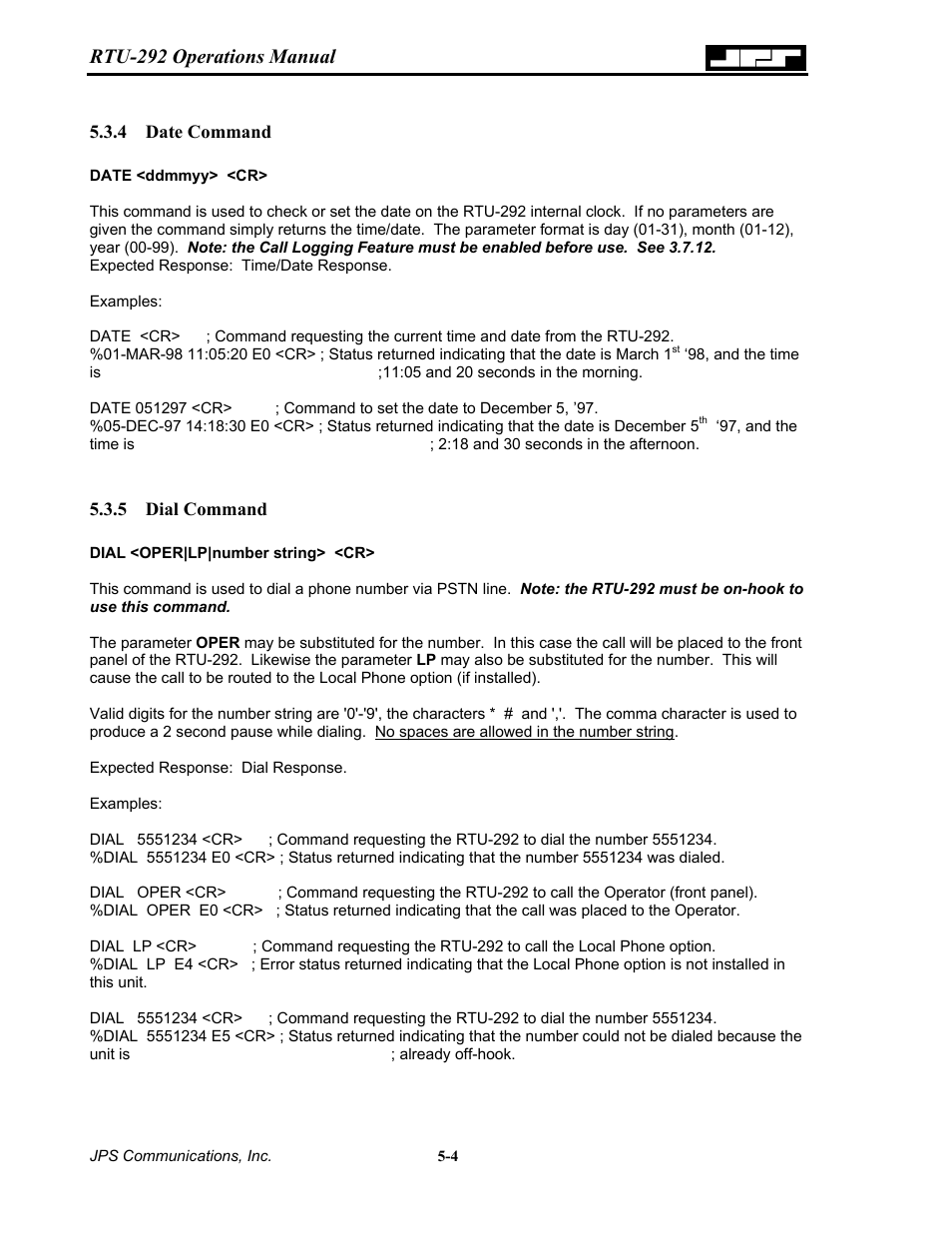 Date command, Dial command, 4 date | Command -4, 5 dial, Rtu-292 operations manual | Nortel Networks RTU-292 User Manual | Page 70 / 116