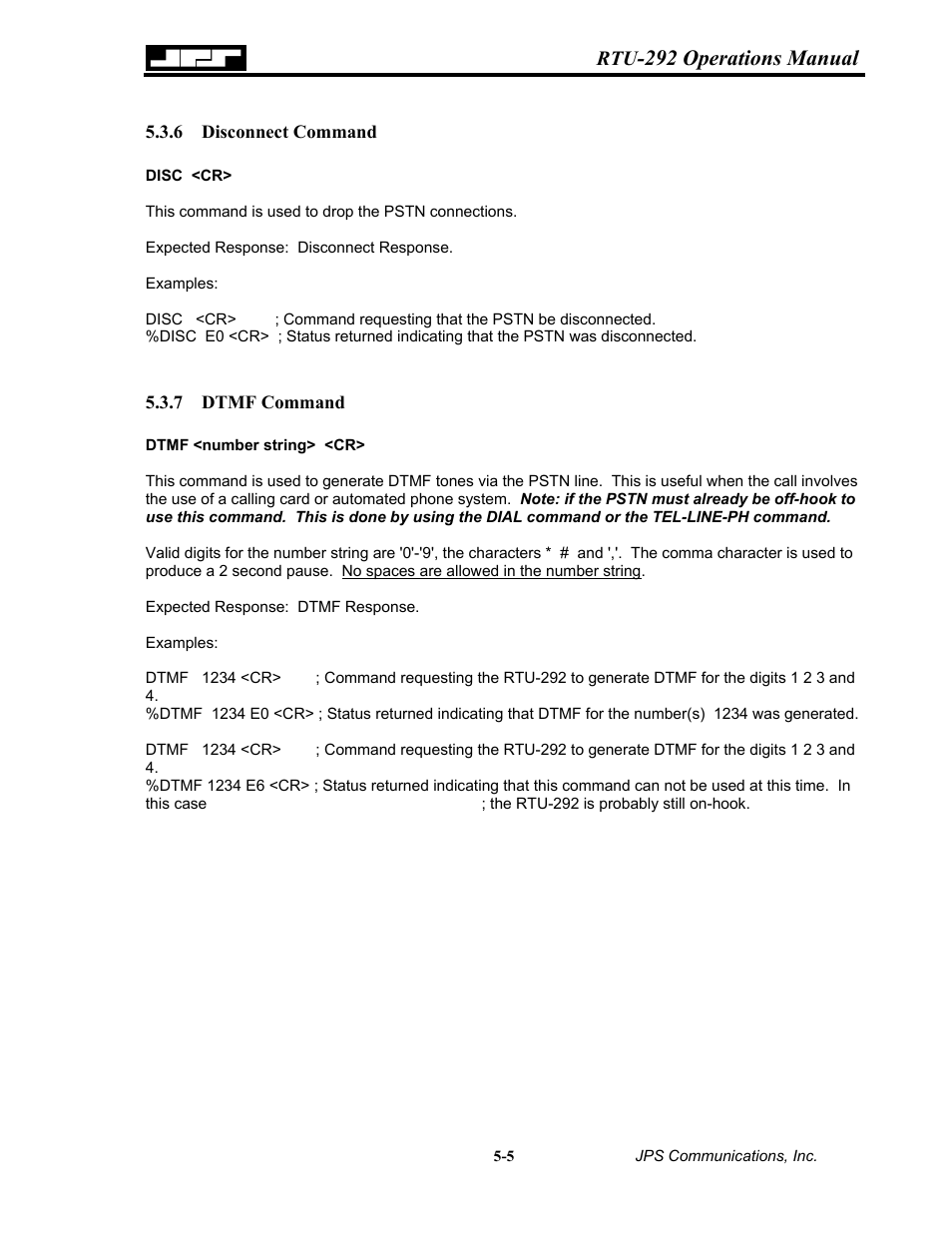 Disconnect command, Dtmf command, 6 disconnect command -5 5.3.7 dtmf | Command -5, 292 operations manual | Nortel Networks RTU-292 User Manual | Page 71 / 116