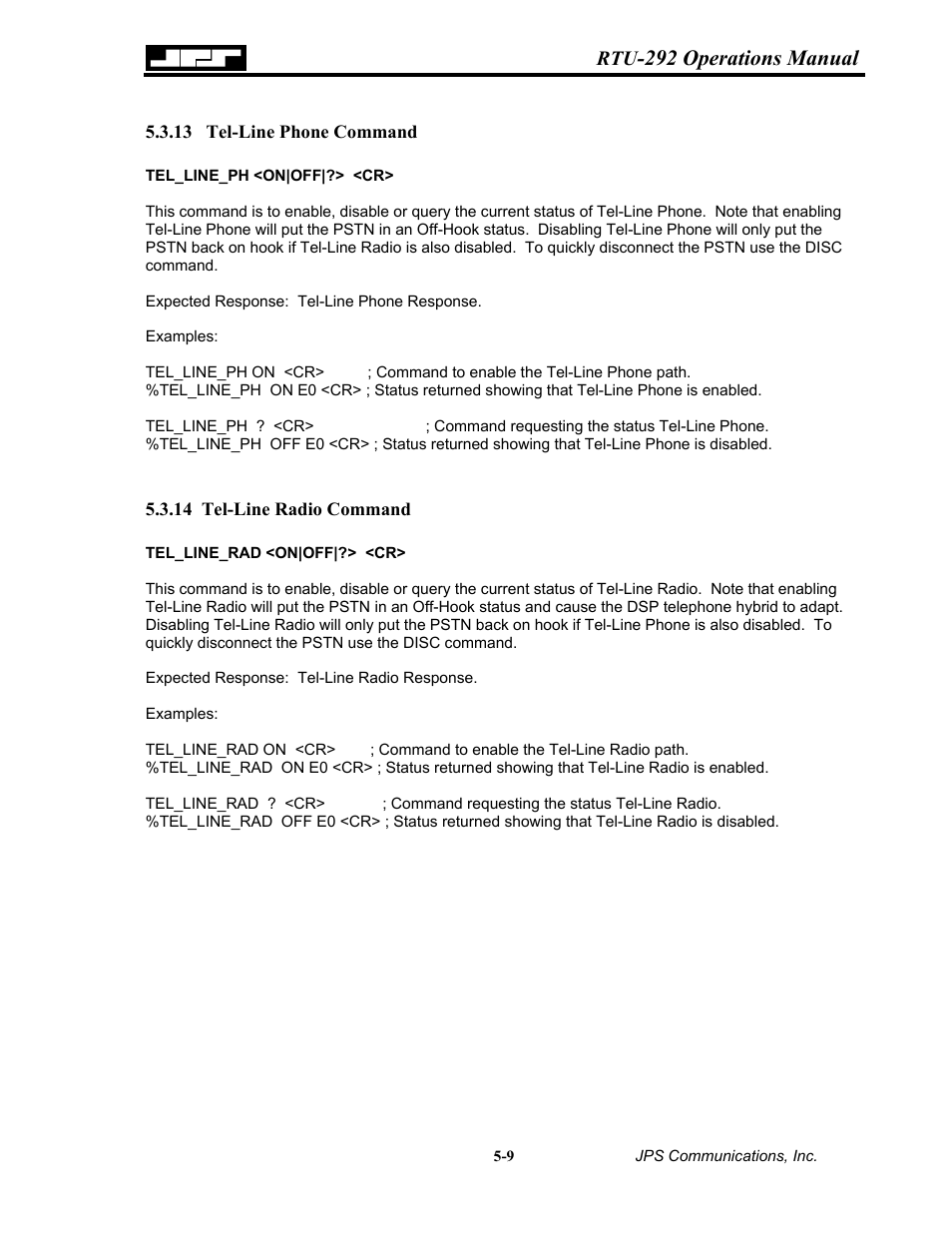 Tel-line phone command, Tel-line radio command, 13 tel-line | Phone command -9, 14 tel-line, Radio command -9, 292 operations manual | Nortel Networks RTU-292 User Manual | Page 75 / 116
