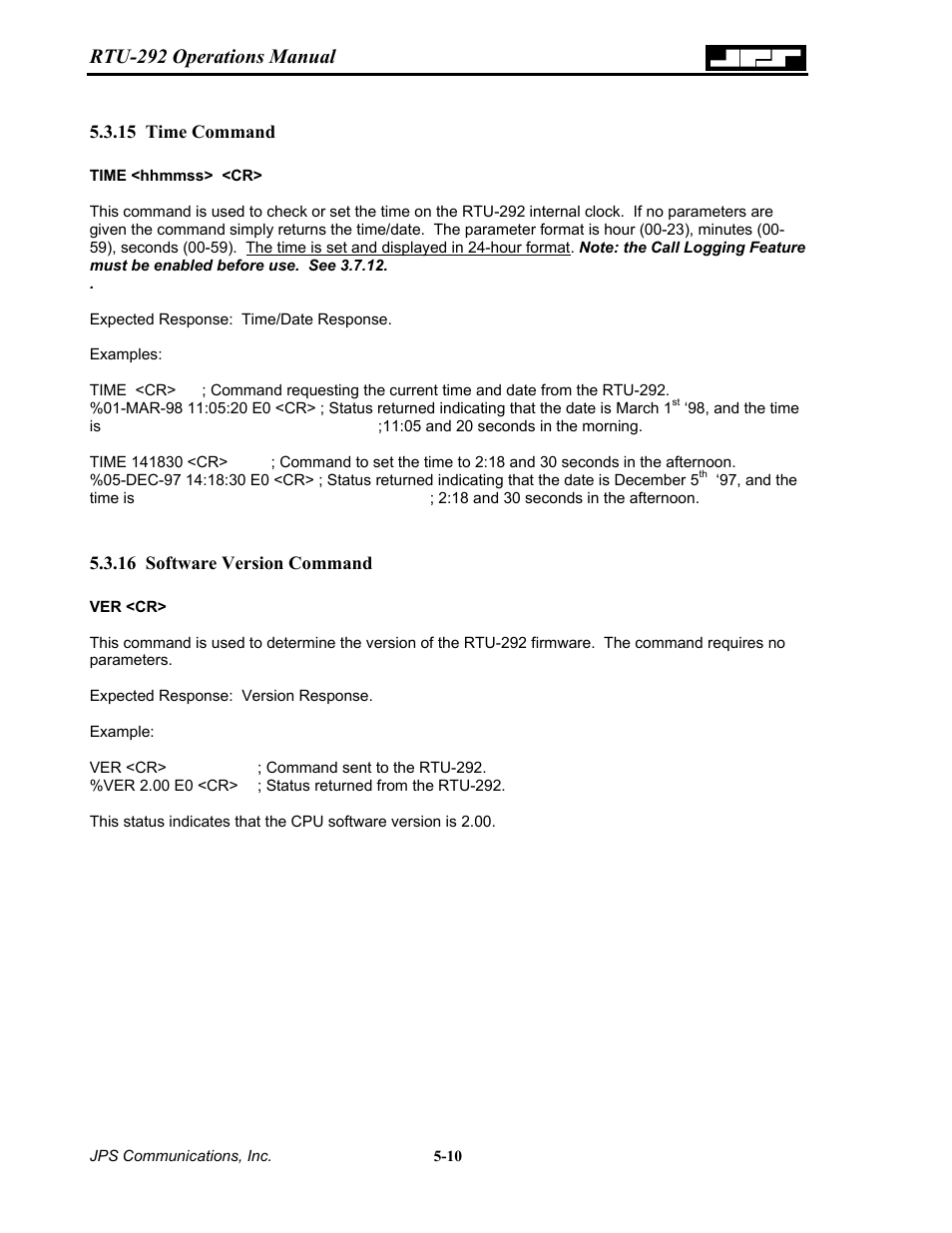 Time command, Software version command, 15 time | Command -10, Software version command -10, Rtu-292 operations manual | Nortel Networks RTU-292 User Manual | Page 76 / 116