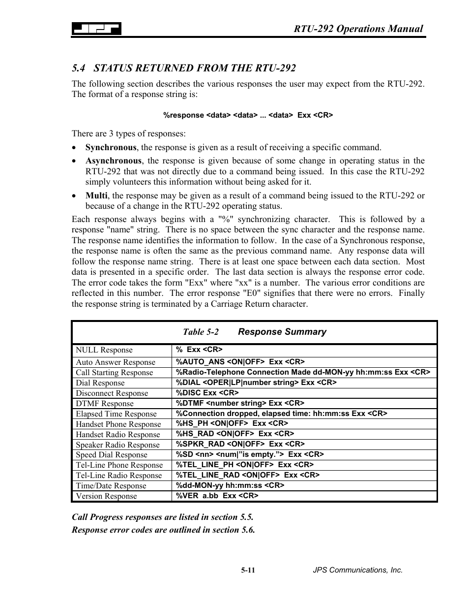 Status returned from the rtu-292, Status returned from the rtu-292 -11, Able | Esponse, Ummary | Nortel Networks RTU-292 User Manual | Page 77 / 116