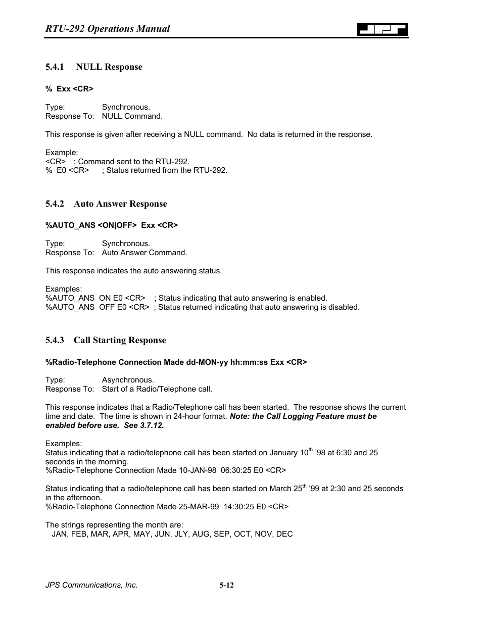 Null response, Auto answer response, Call starting response | 1 null, Response -12, Auto answer response -12, 3 call, Starting response -12, Rtu-292 operations manual | Nortel Networks RTU-292 User Manual | Page 78 / 116