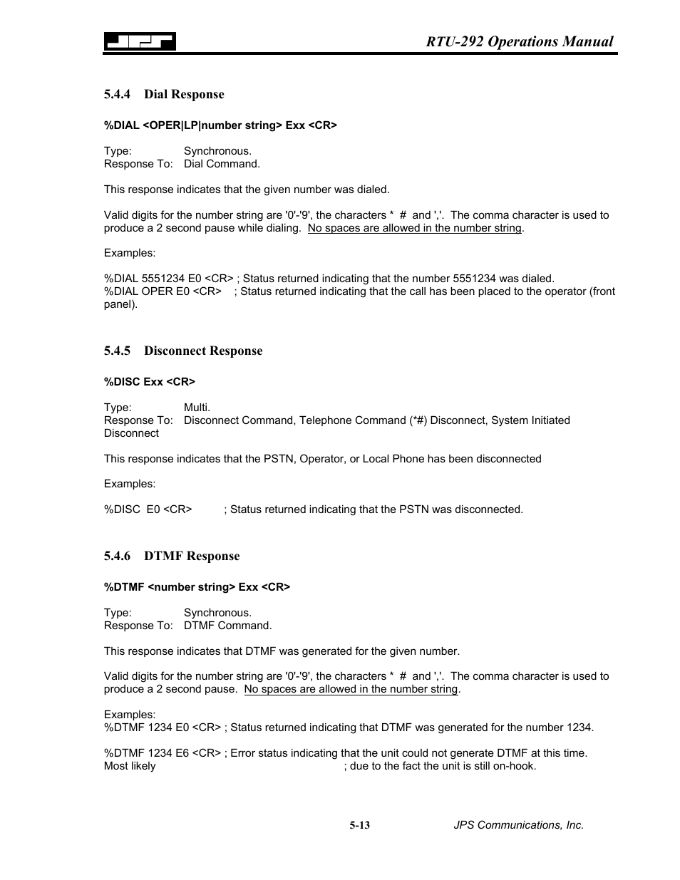 Dial response, Disconnect response, Dtmf response | 4 dial, Response -13, 5 disconnect response -13 5.4.6 dtmf, 292 operations manual | Nortel Networks RTU-292 User Manual | Page 79 / 116