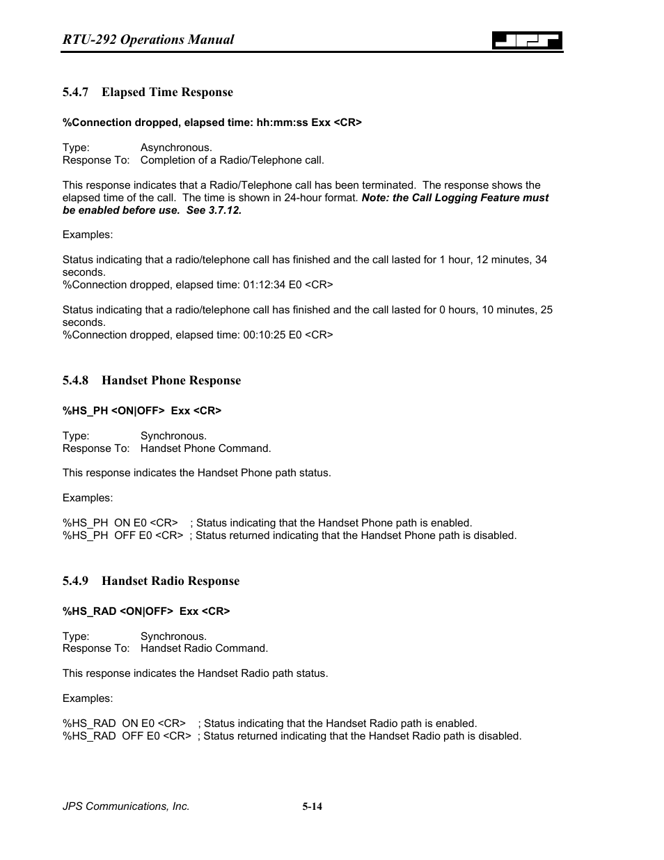 Elapsed time response, Handset phone response, Handset radio response | 7 elapsed, Time response -14, 8 handset, Phone response -14, 9 handset, Radio response -14, Rtu-292 operations manual | Nortel Networks RTU-292 User Manual | Page 80 / 116