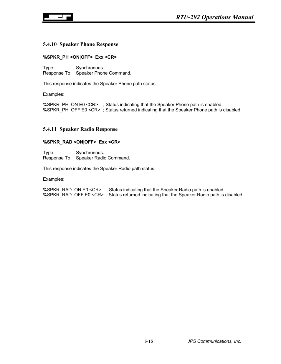 Speaker phone response, Speaker radio response, Speaker phone response -15 | 11 speaker, Radio, Response -15, 292 operations manual | Nortel Networks RTU-292 User Manual | Page 81 / 116