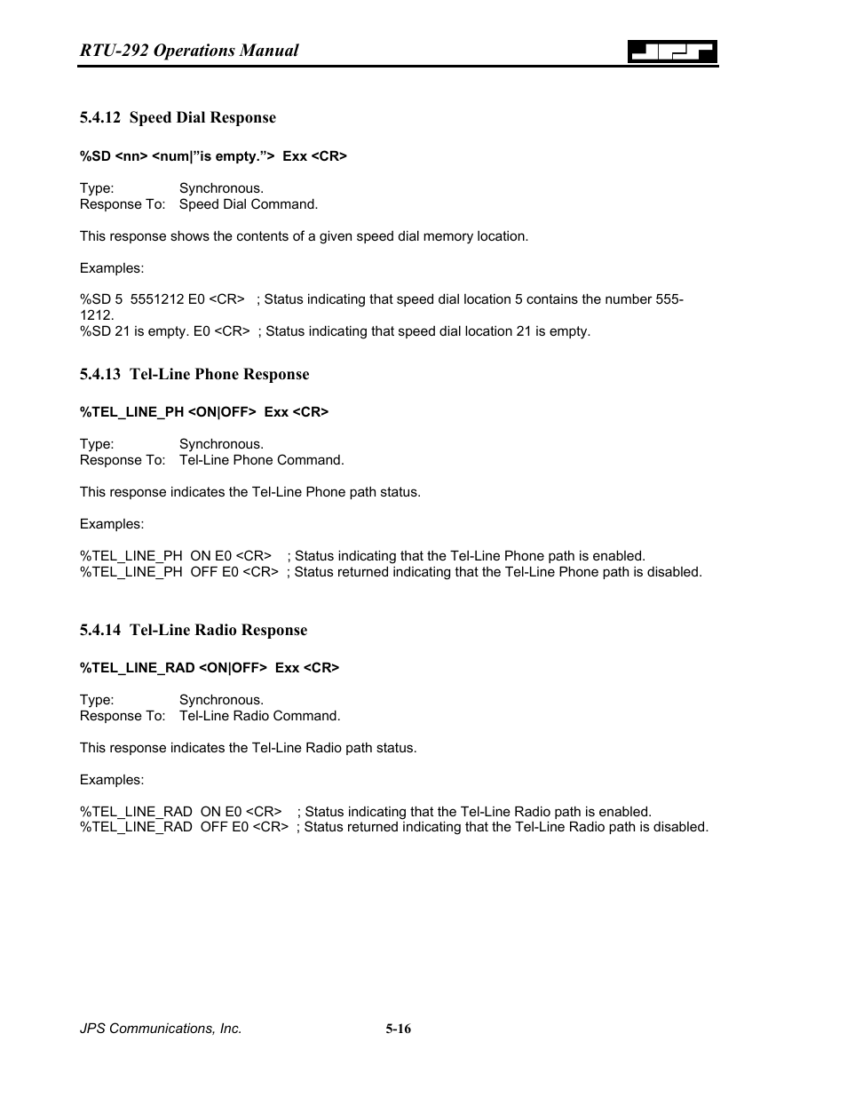Speed dial response, Tel-line phone response, Tel-line radio response | 12 speed, Dial, Response -16, 13 tel-line, Phone response -16, 14 tel-line, Radio response -16 | Nortel Networks RTU-292 User Manual | Page 82 / 116