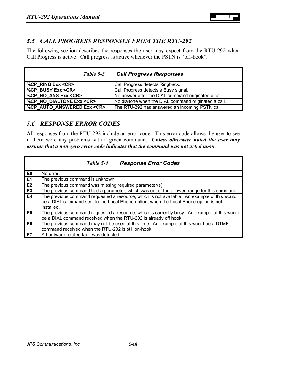 Call progress responses from the rtu-292, Response error codes, 5 call | Progress, Responses, From the rtu-292 -18, 6 response, Error codes -18, Able, Rogress | Nortel Networks RTU-292 User Manual | Page 84 / 116