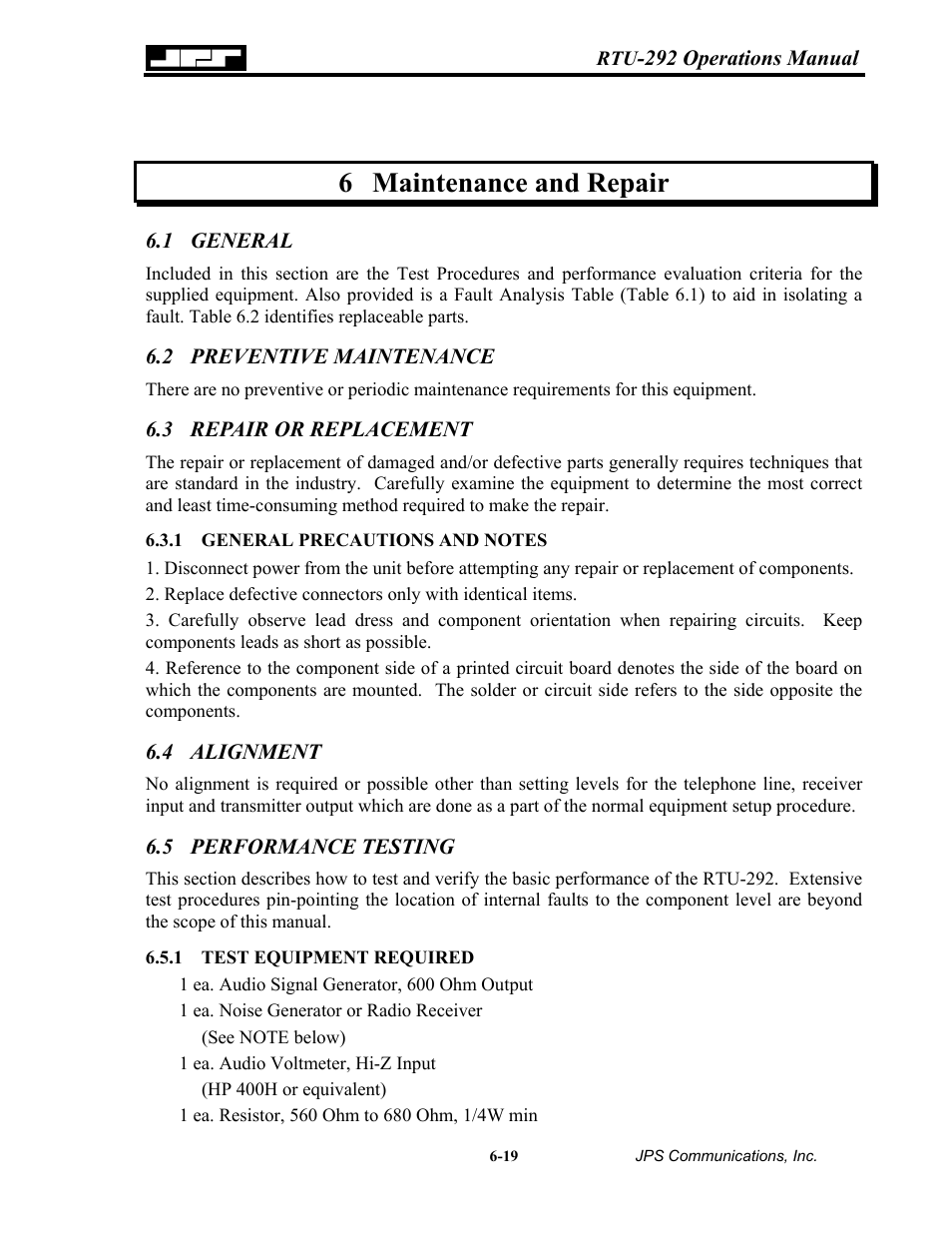 Maintenance and repair, General, Preventive maintenance | Repair or replacement, General precautions and notes, Alignment, Performance testing, Test equipment required, 6 maintenance, And repair -19 | Nortel Networks RTU-292 User Manual | Page 85 / 116