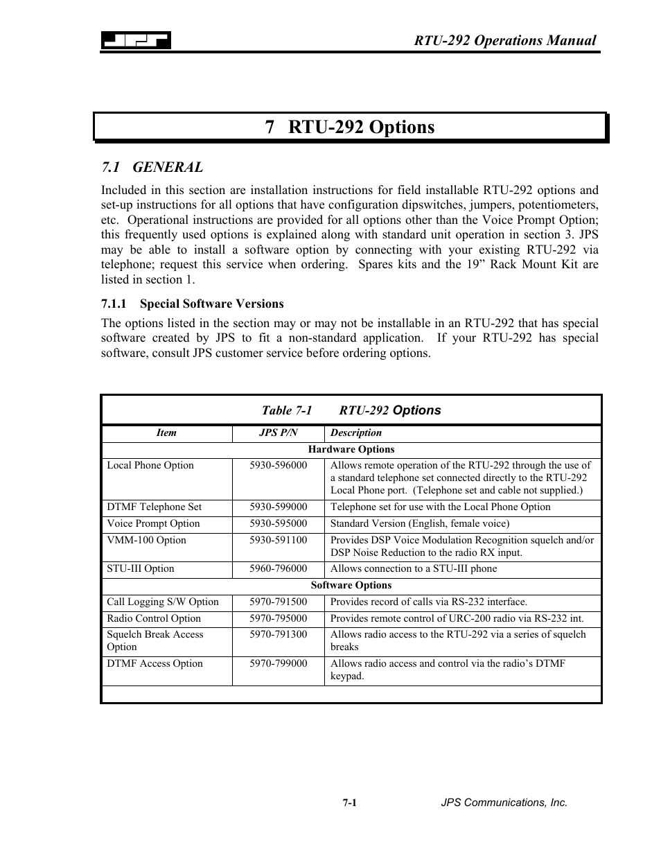 Rtu-292 options, General, Special software versions | 7 rtu-292, Options -1, 1 general -1, 1 special, Software, Versions -1, Able | Nortel Networks RTU-292 User Manual | Page 95 / 116