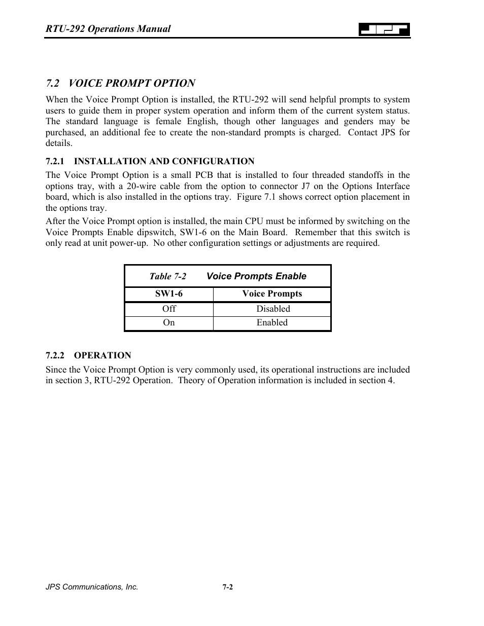 Voice prompt option, Installation and configuration, Operation | Voice prompt option -2, Installation and configuration -2, 2 operation -2, Able, Oice, Rompts, Nable | Nortel Networks RTU-292 User Manual | Page 96 / 116