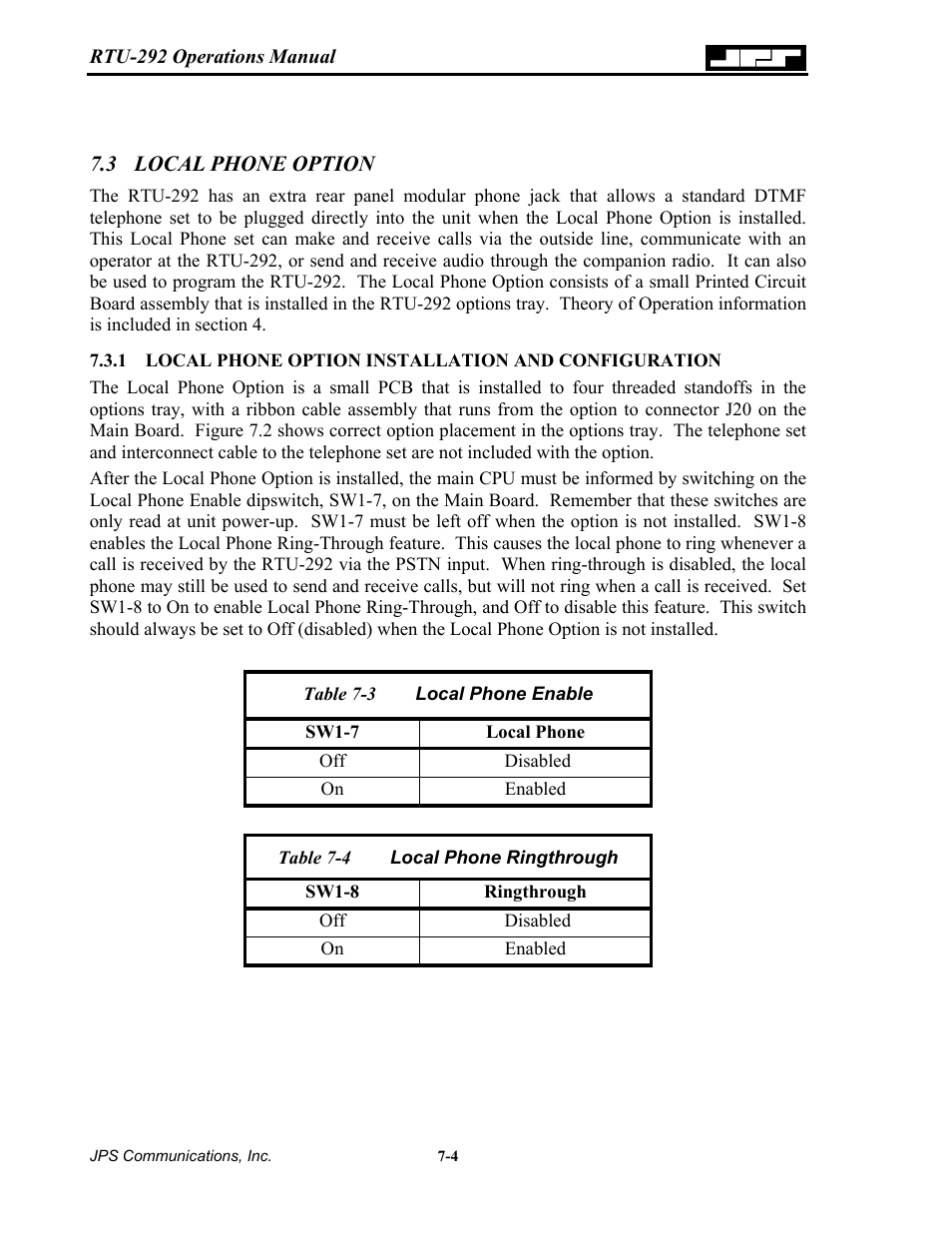 Local phone option, Local phone option installation and configuration, 3 local | Phone option -4, Able, Ocal, Hone, Nable, Ingthrough | Nortel Networks RTU-292 User Manual | Page 98 / 116