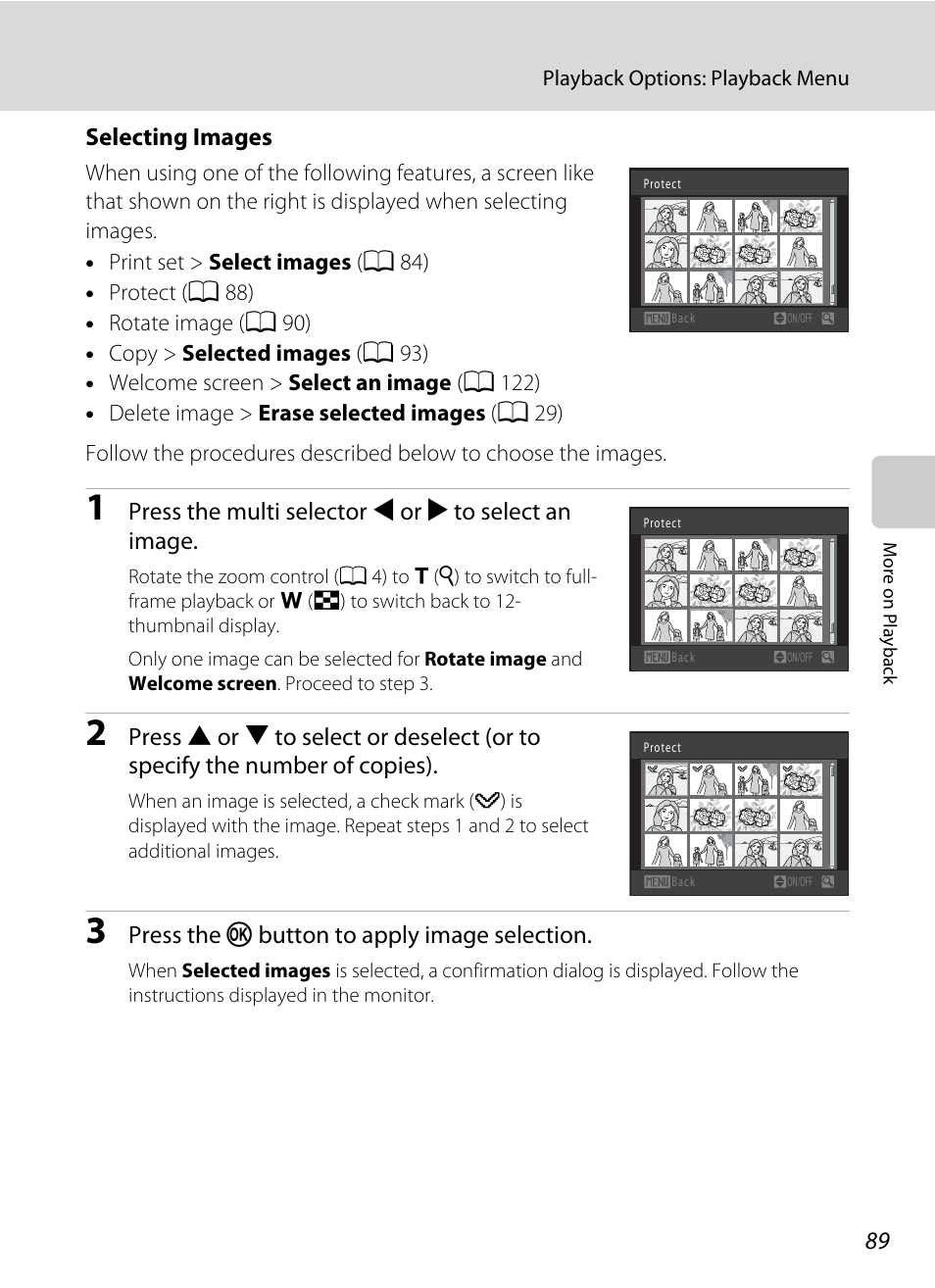 E “selecting images, A 89) for | Nortel Networks COOLPIX S5100 User Manual | Page 101 / 180