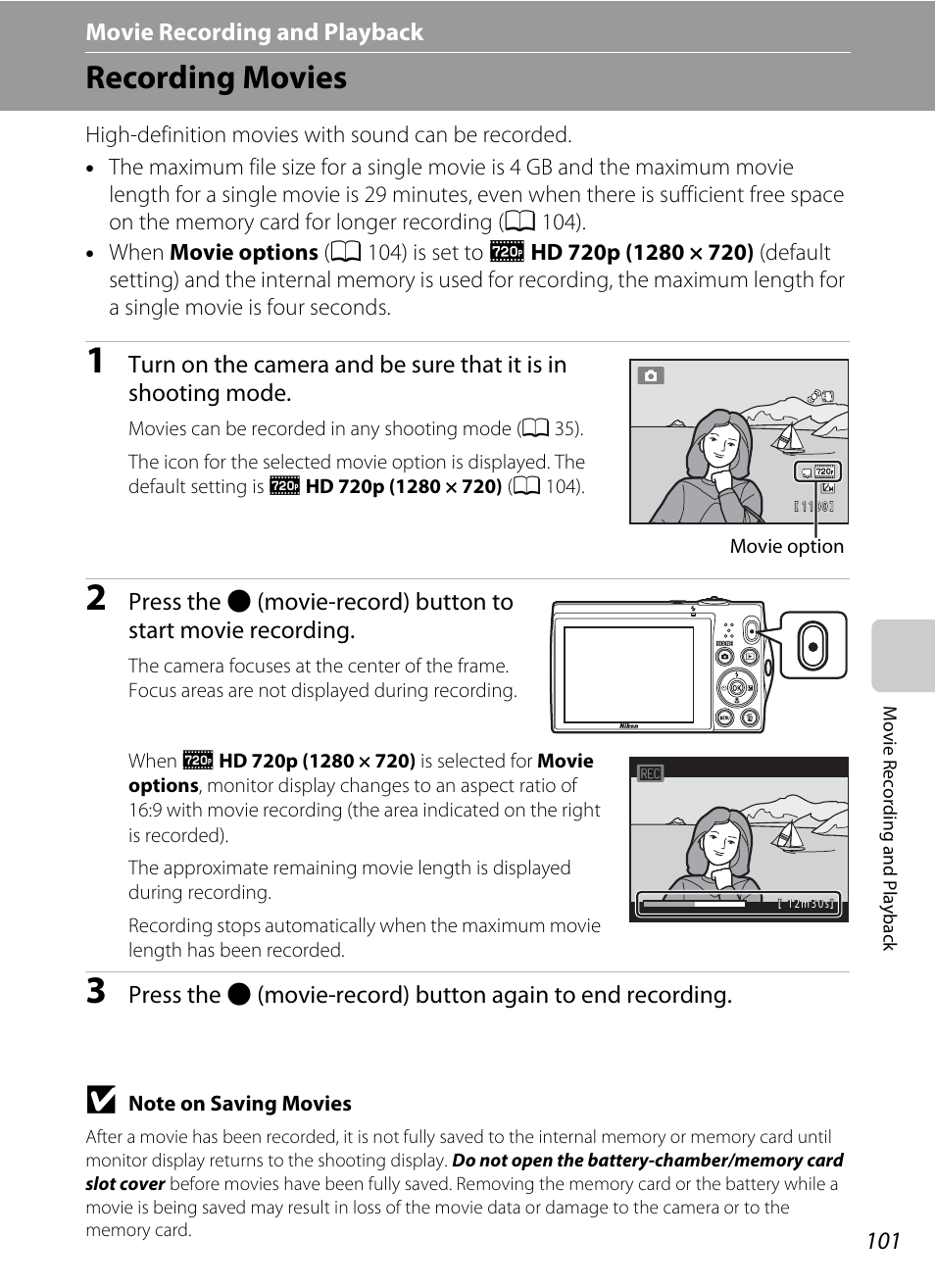 Movie recording and playback, Recording movies, A 101) | A 101 | Nortel Networks COOLPIX S5100 User Manual | Page 113 / 180