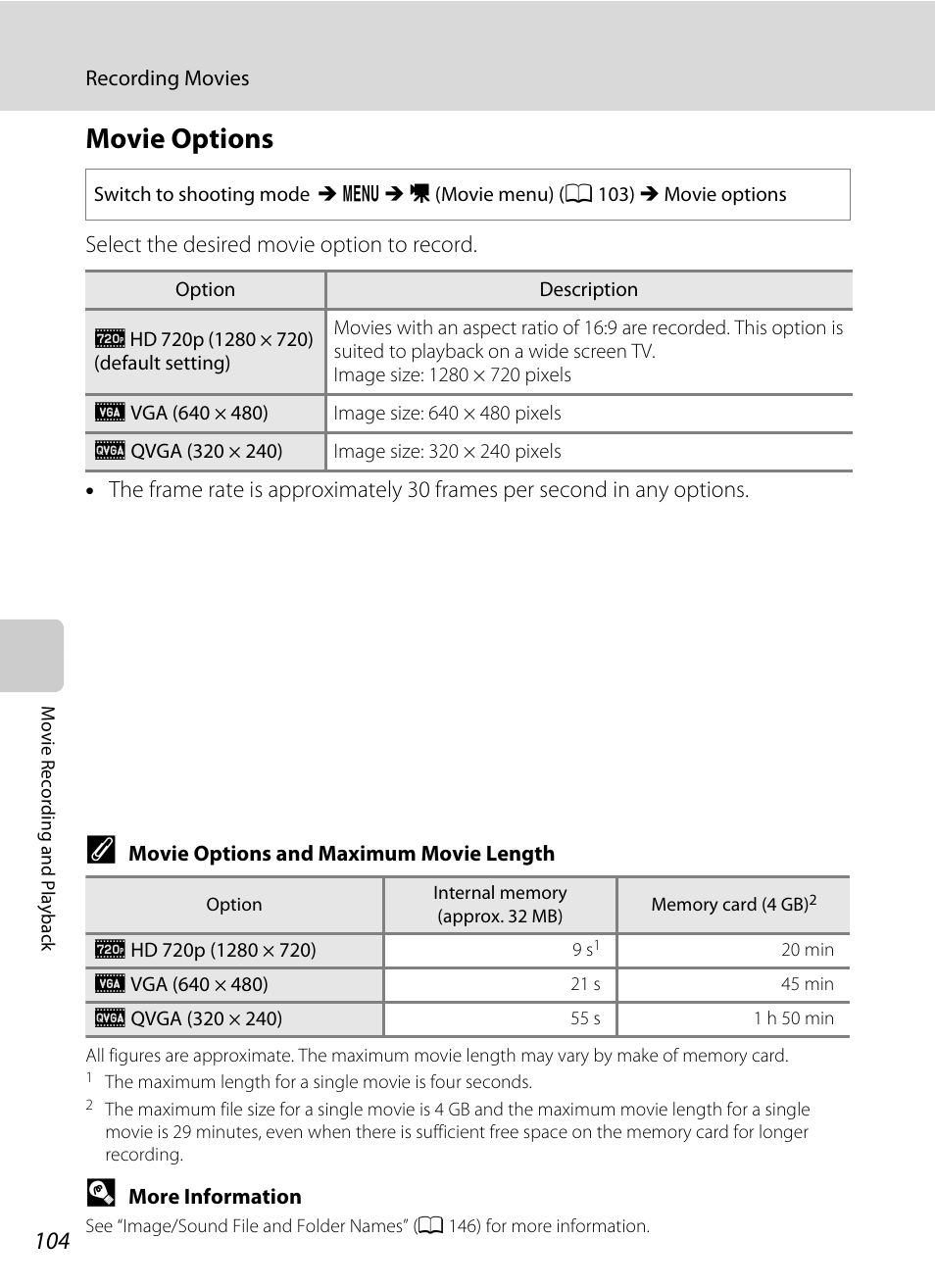 Movie options, A 104), A 104) is set to | A 104 | Nortel Networks COOLPIX S5100 User Manual | Page 116 / 180