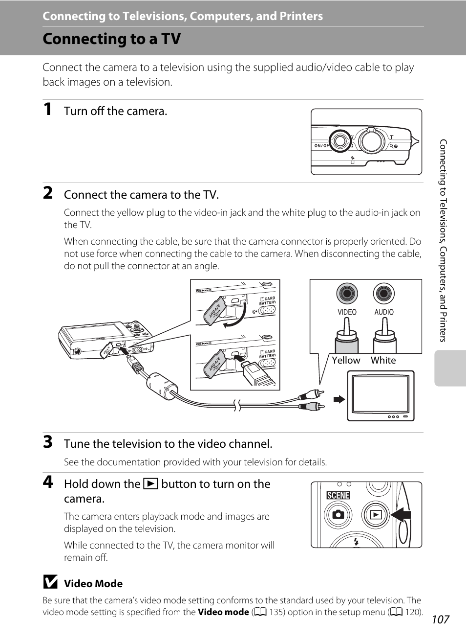 Connecting to televisions, computers, and printers, Connecting to a tv | Nortel Networks COOLPIX S5100 User Manual | Page 119 / 180