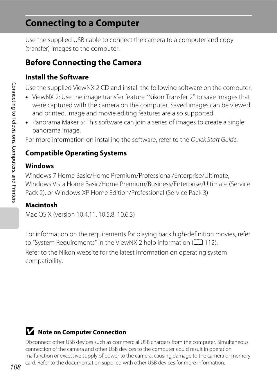 Connecting to a computer, Before connecting the camera, A 108, 136) | A 108 | Nortel Networks COOLPIX S5100 User Manual | Page 120 / 180