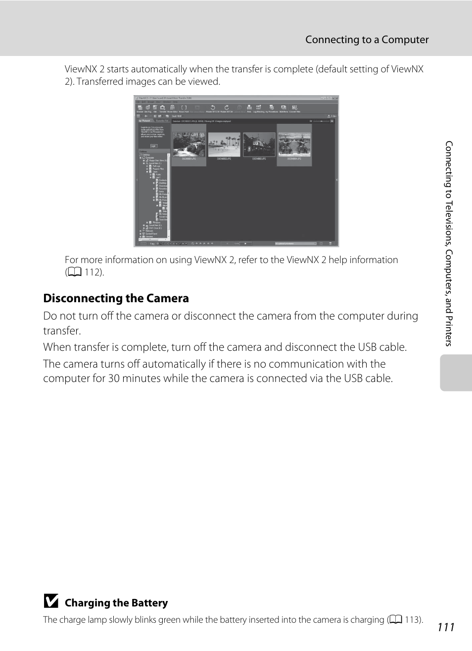 Disconnecting the camera | Nortel Networks COOLPIX S5100 User Manual | Page 123 / 180