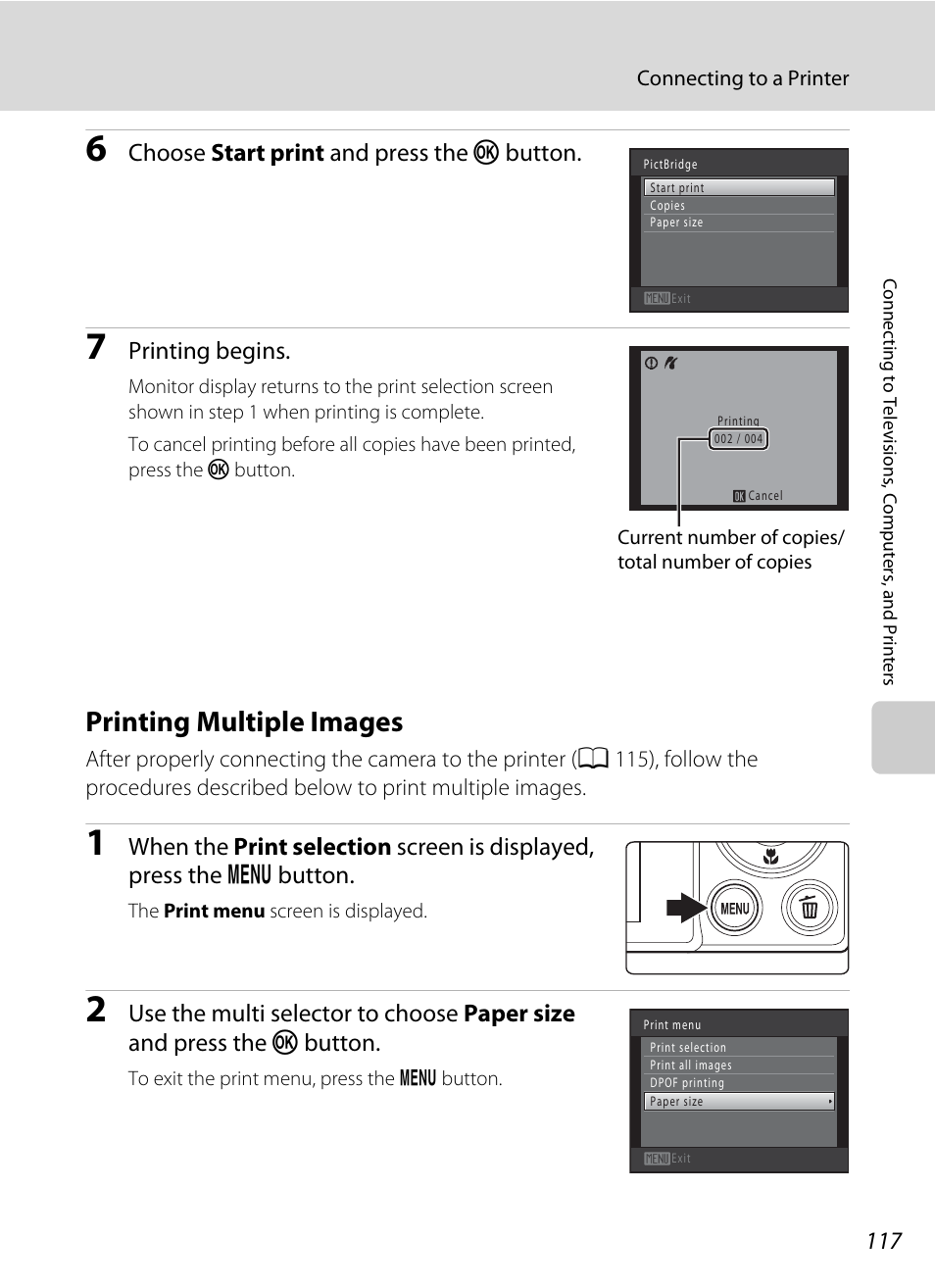 Printing multiple images, A 117), Choose start print and press the k button | Printing begins | Nortel Networks COOLPIX S5100 User Manual | Page 129 / 180