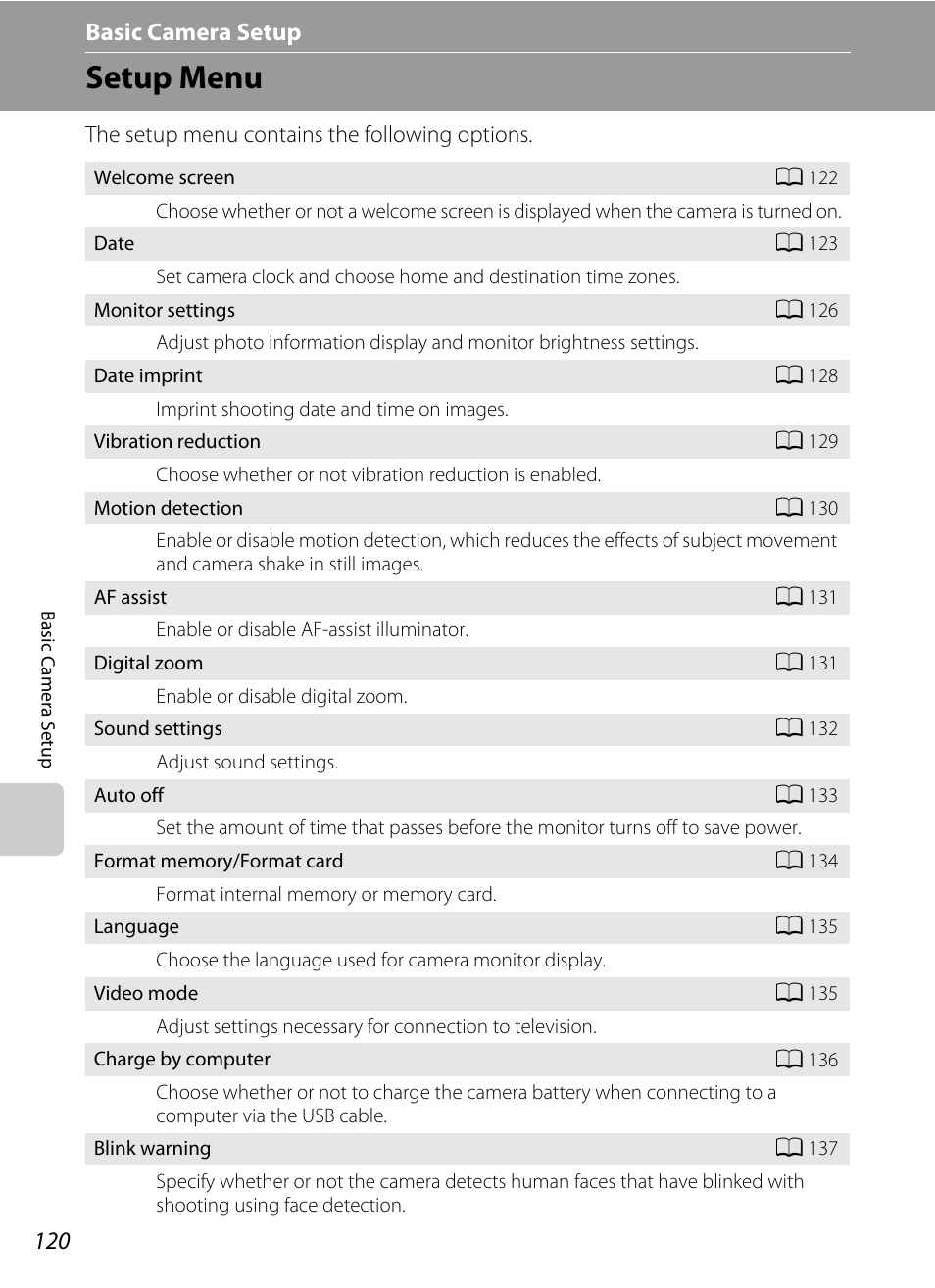 Basic camera setup, Setup menu, A 120) | A 120) and, Menu (a 120), Nu (a 120), A 120 | Nortel Networks COOLPIX S5100 User Manual | Page 132 / 180