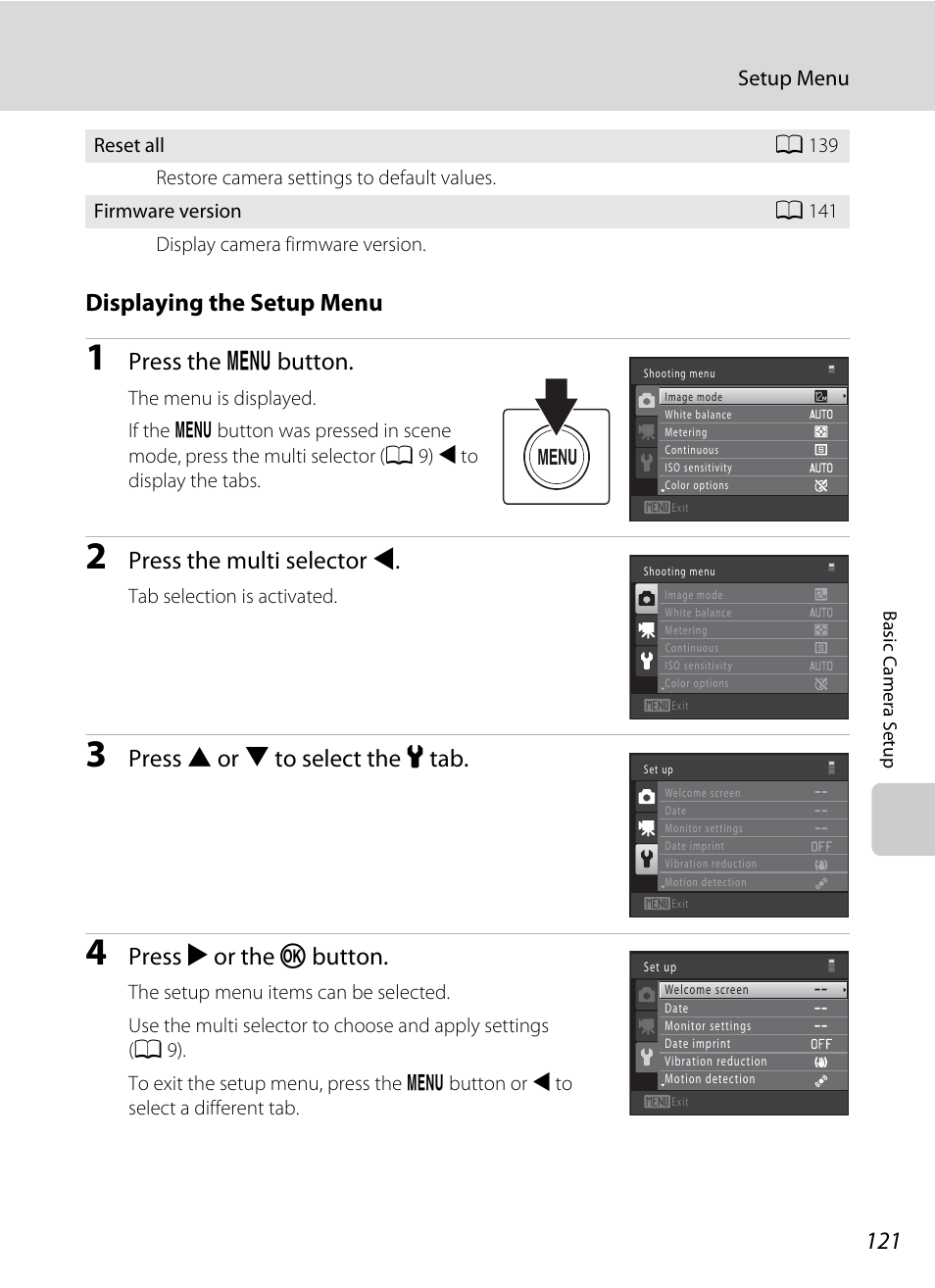 Displaying the setup menu, Press the d button, Press the multi selector j | Press h or i to select the z tab, Press k or the k button | Nortel Networks COOLPIX S5100 User Manual | Page 133 / 180