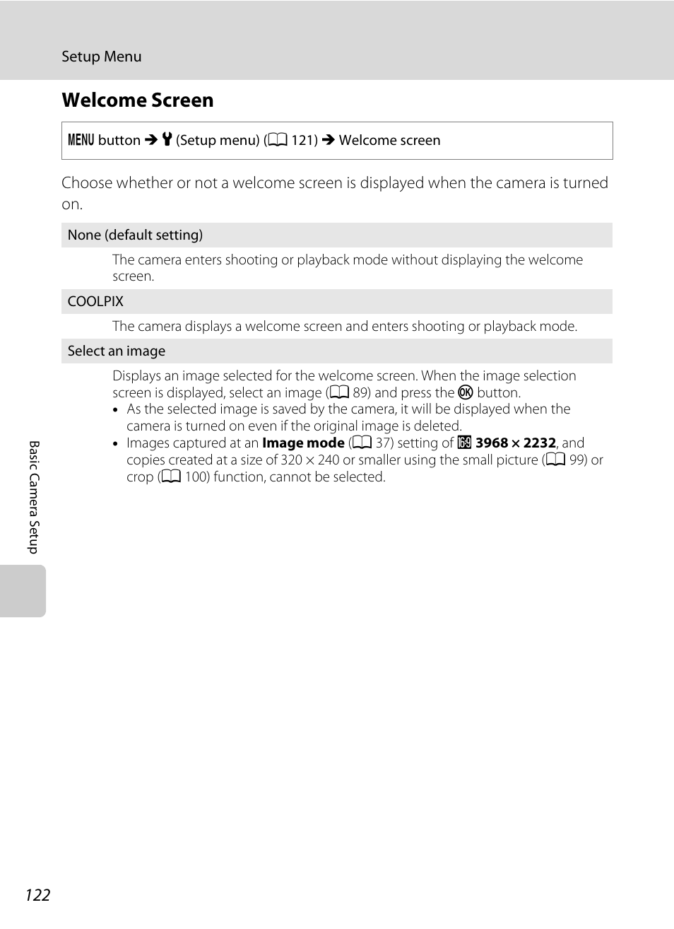 Welcome screen, A 122), A 122 | Nortel Networks COOLPIX S5100 User Manual | Page 134 / 180