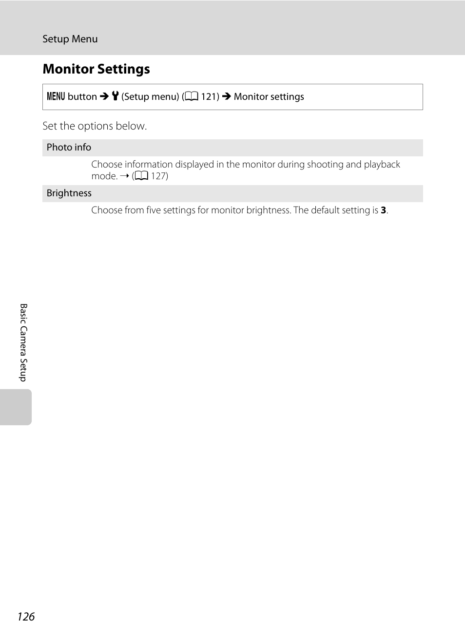 Monitor settings, A 126), Off after a few seconds | A 126 | Nortel Networks COOLPIX S5100 User Manual | Page 138 / 180