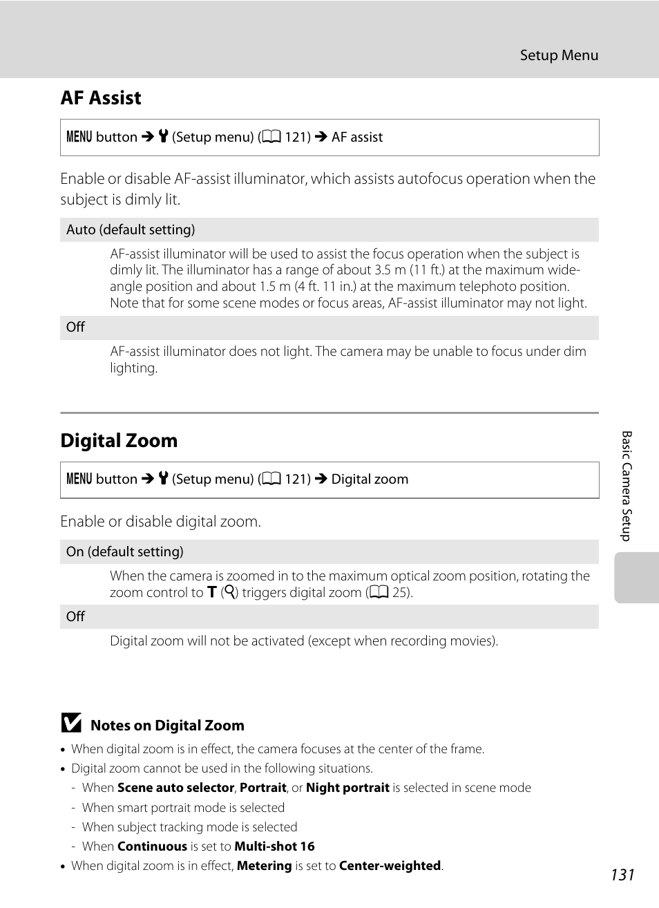 Af assist, Digital zoom, Af assist digital zoom | A 131) in, A 131) may li, A 131), Notes on digital zoom, A 131) does not, A 131 | Nortel Networks COOLPIX S5100 User Manual | Page 143 / 180