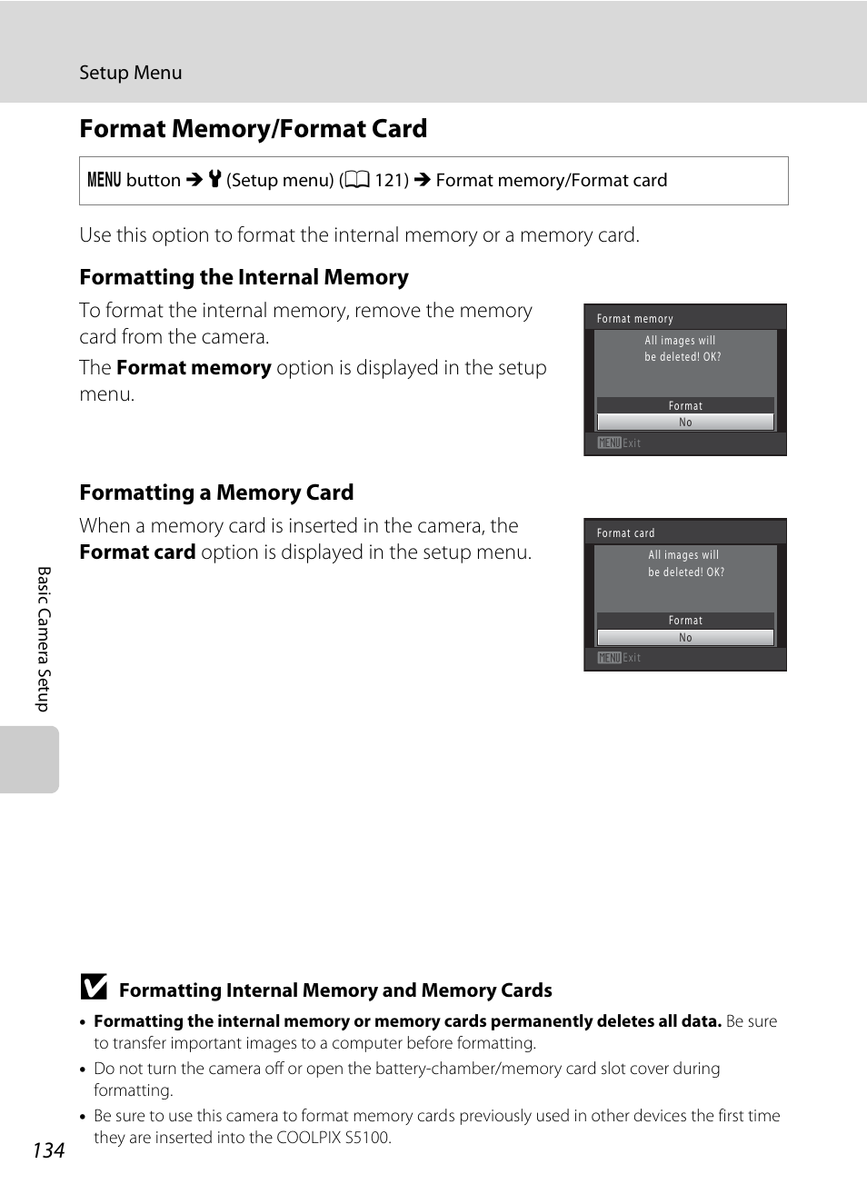 Format memory/format card, A 134 | Nortel Networks COOLPIX S5100 User Manual | Page 146 / 180