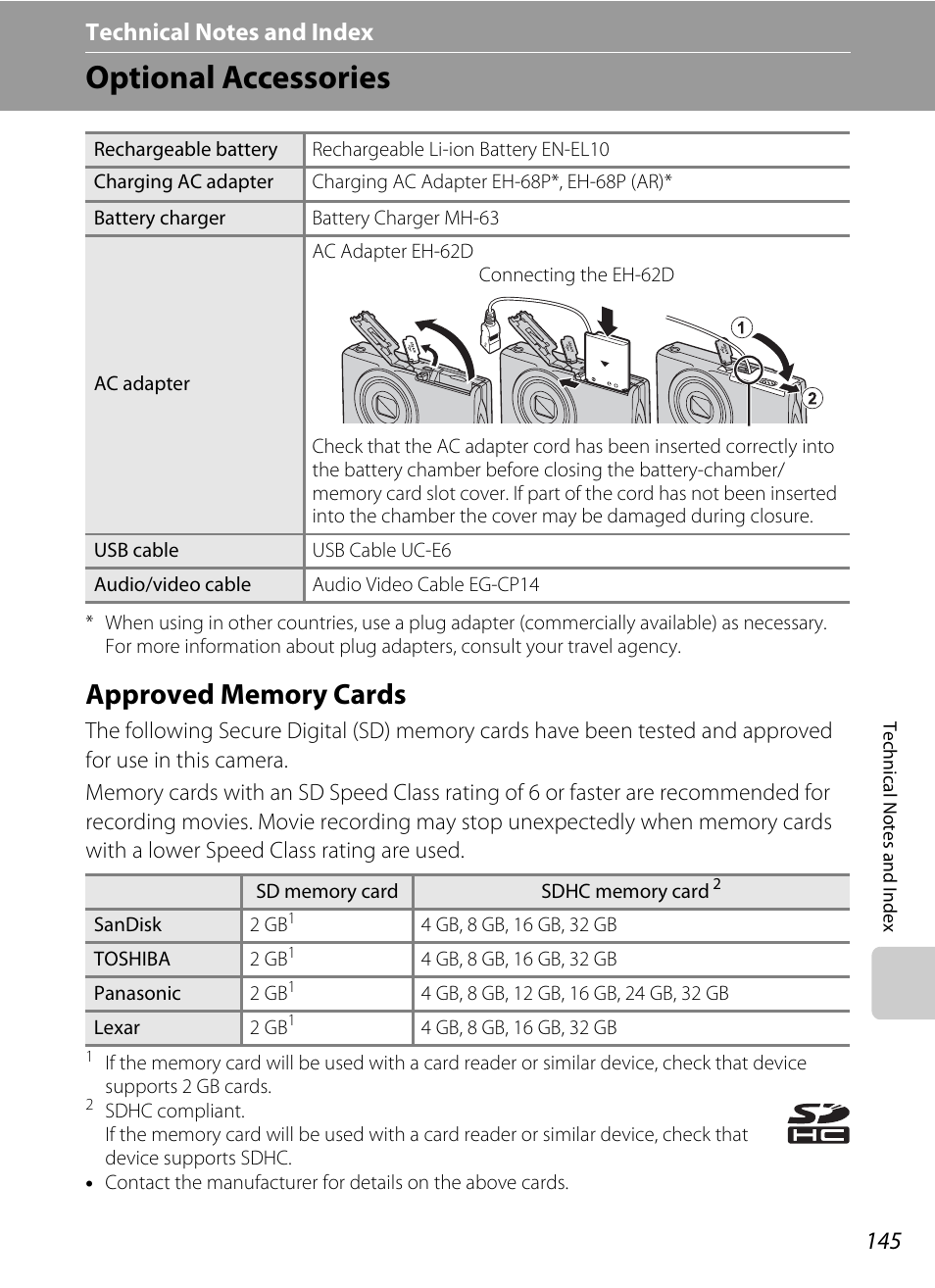 Technical notes and index, Optional accessories, Approved memory cards | Tely, A 145, A 145), A 145) (avai | Nortel Networks COOLPIX S5100 User Manual | Page 157 / 180