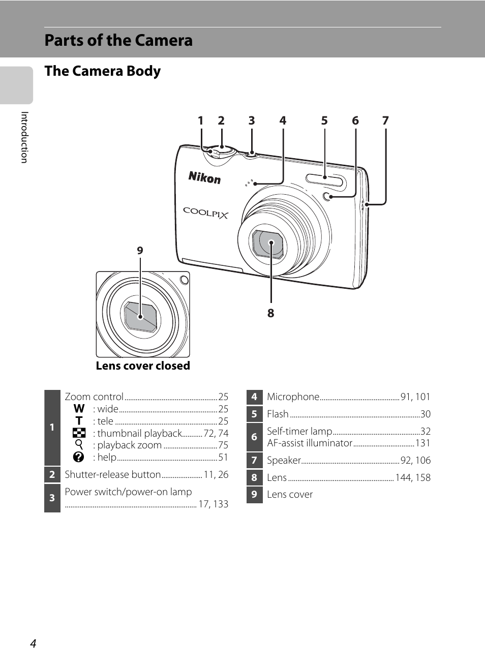 Parts of the camera, The camera body | Nortel Networks COOLPIX S5100 User Manual | Page 16 / 180