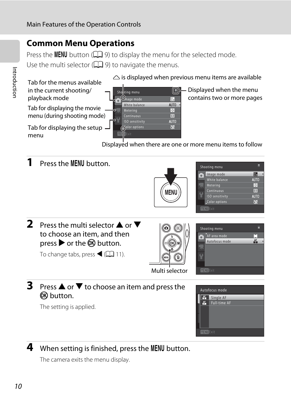 Common menu operations, A 10, 36, 83, 103, or, Press the d button | When setting is finished, press the d button | Nortel Networks COOLPIX S5100 User Manual | Page 22 / 180