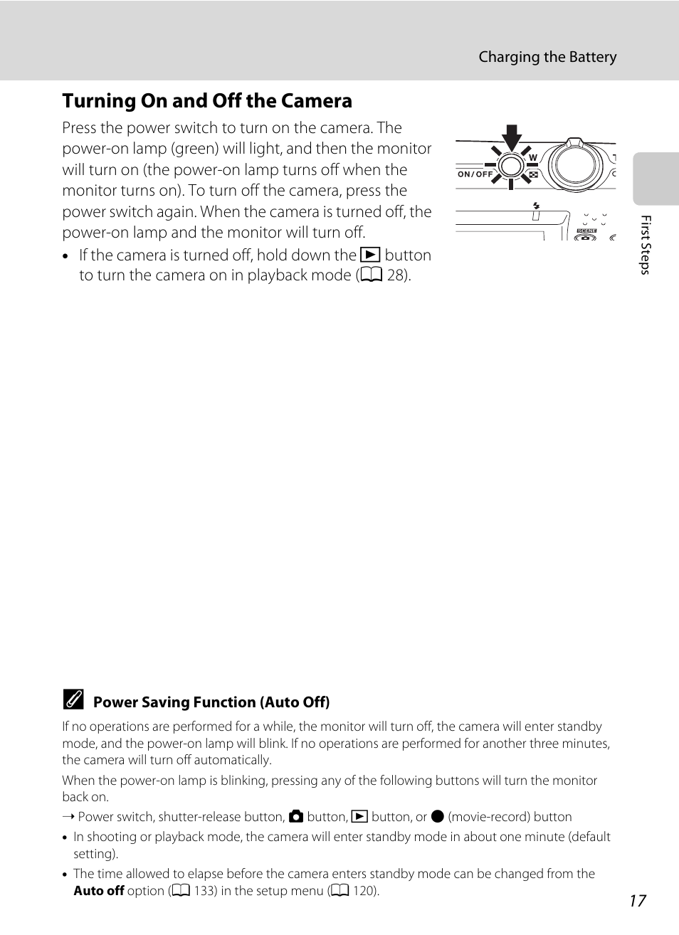 Turning on and off the camera, A 17), A 17) and be sure | Nortel Networks COOLPIX S5100 User Manual | Page 29 / 180