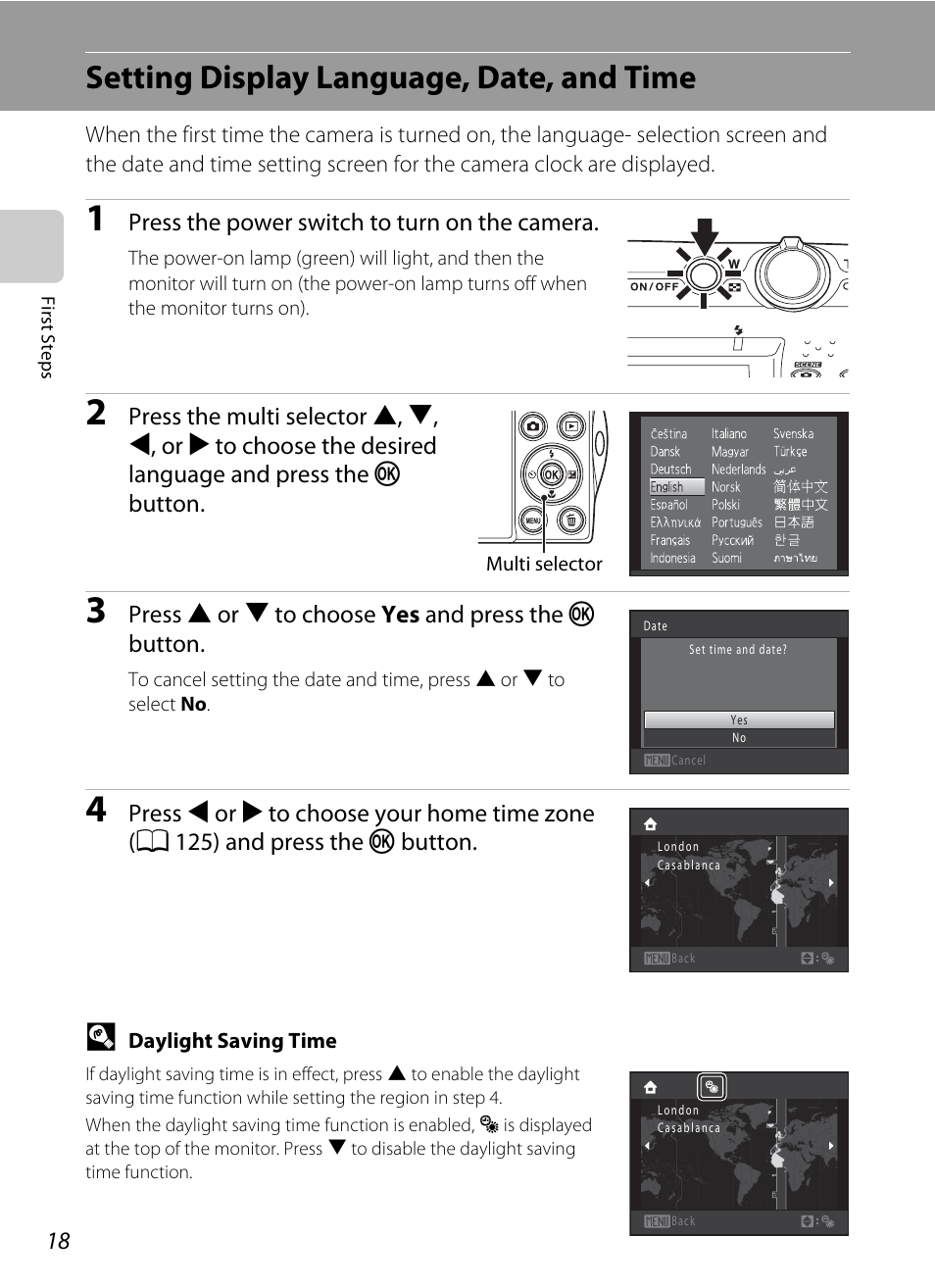 Setting display language, date, and time | Nortel Networks COOLPIX S5100 User Manual | Page 30 / 180